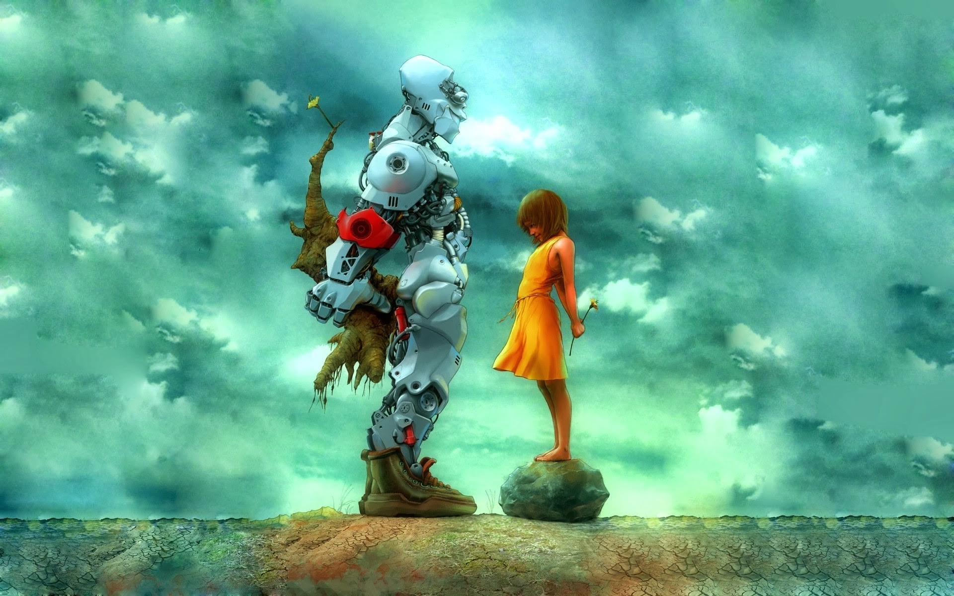 General 1920x1200 artwork robot love children science fiction turquoise cyan digital art standing