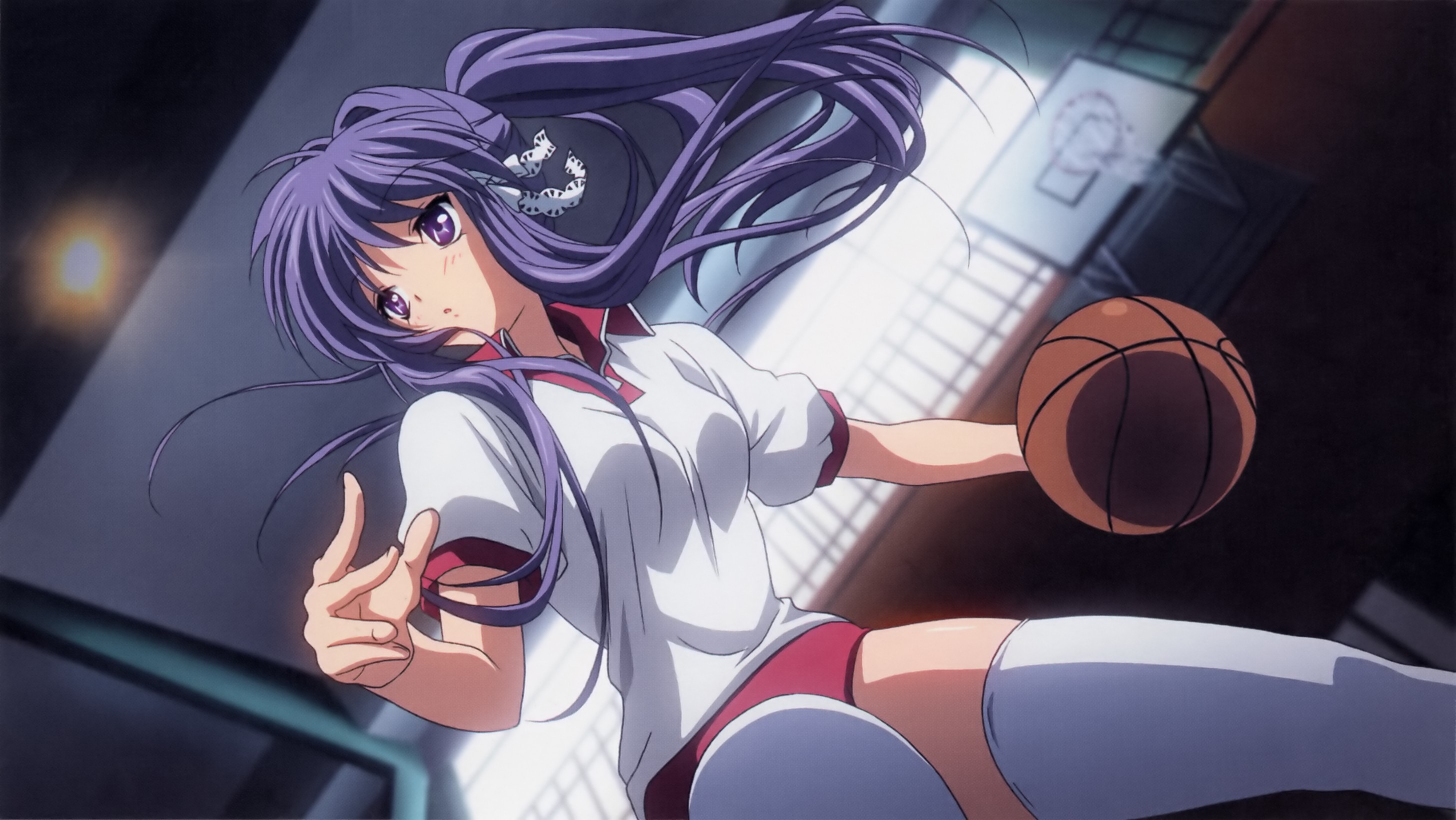 Anime 2911x1640 bloomers anime girls anime Clannad Fujibayashi Kyou sport ball basketball purple hair long hair purple eyes low-angle