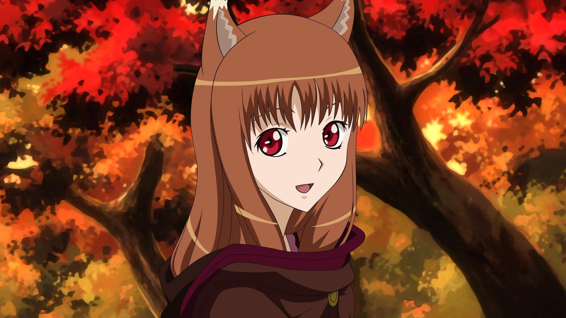 Anime 1920x1080 Spice and Wolf Holo (Spice and Wolf) animal ears anime anime girls wolf girls red eyes brunette open mouth trees looking at viewer