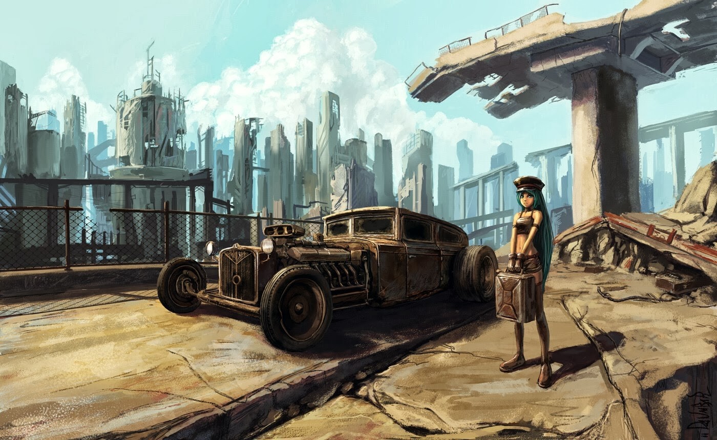 General 1400x860 anime girls apocalyptic anime cityscape vehicle car ruins science fiction futuristic science fiction women long hair green hair women women with cars