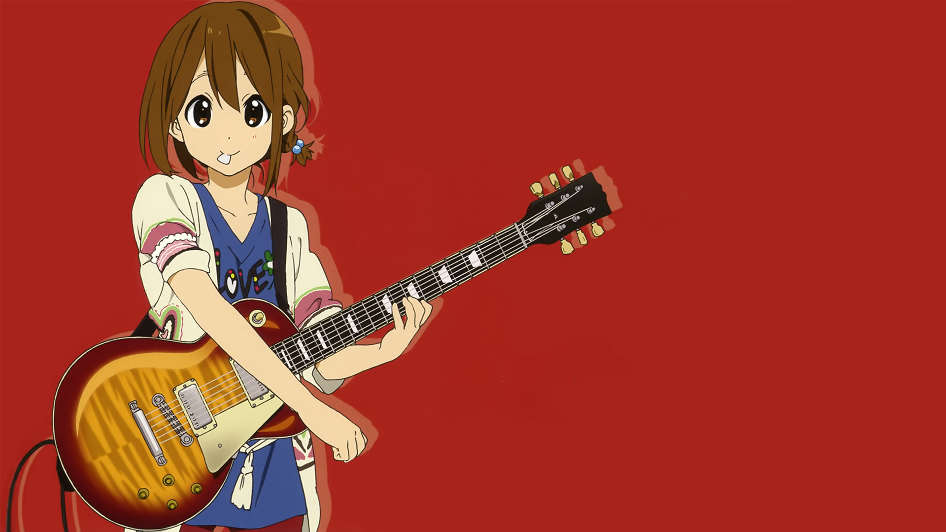 Anime 1920x1080 guitar anime girls anime K-ON! red background musical instrument dark eyes brunette