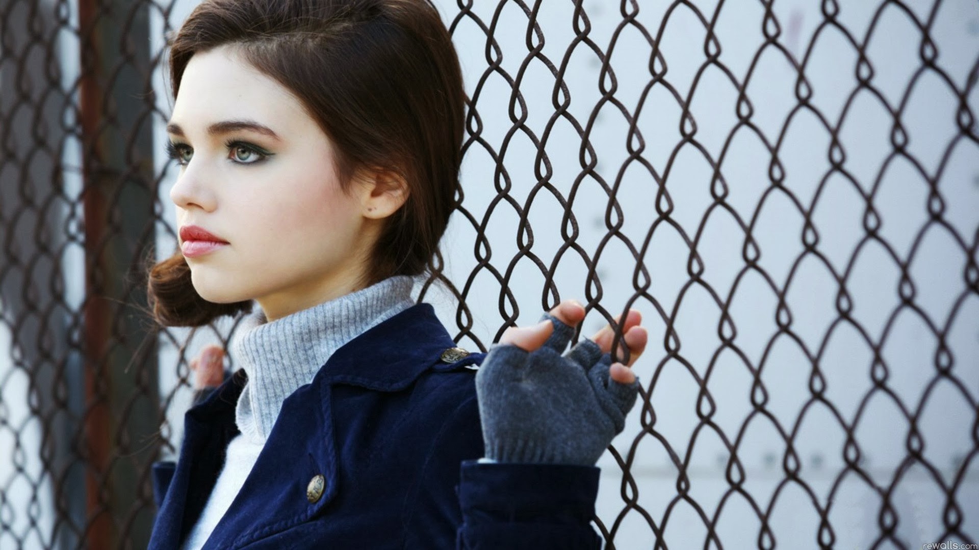 People 1920x1080 brunette women fence India Eisley fingerless gloves pale blue coat grey sweater gloves makeup closed mouth turtlenecks glamour girls model young women