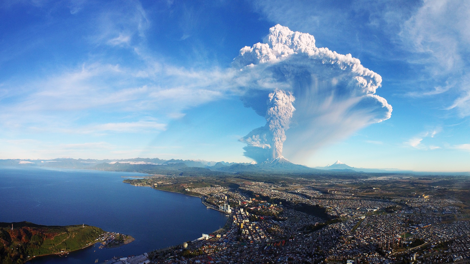 General 1920x1080 volcano cityscape city building nature eruption smoke snowy peak water sea house clouds aerial view eruptions landscape