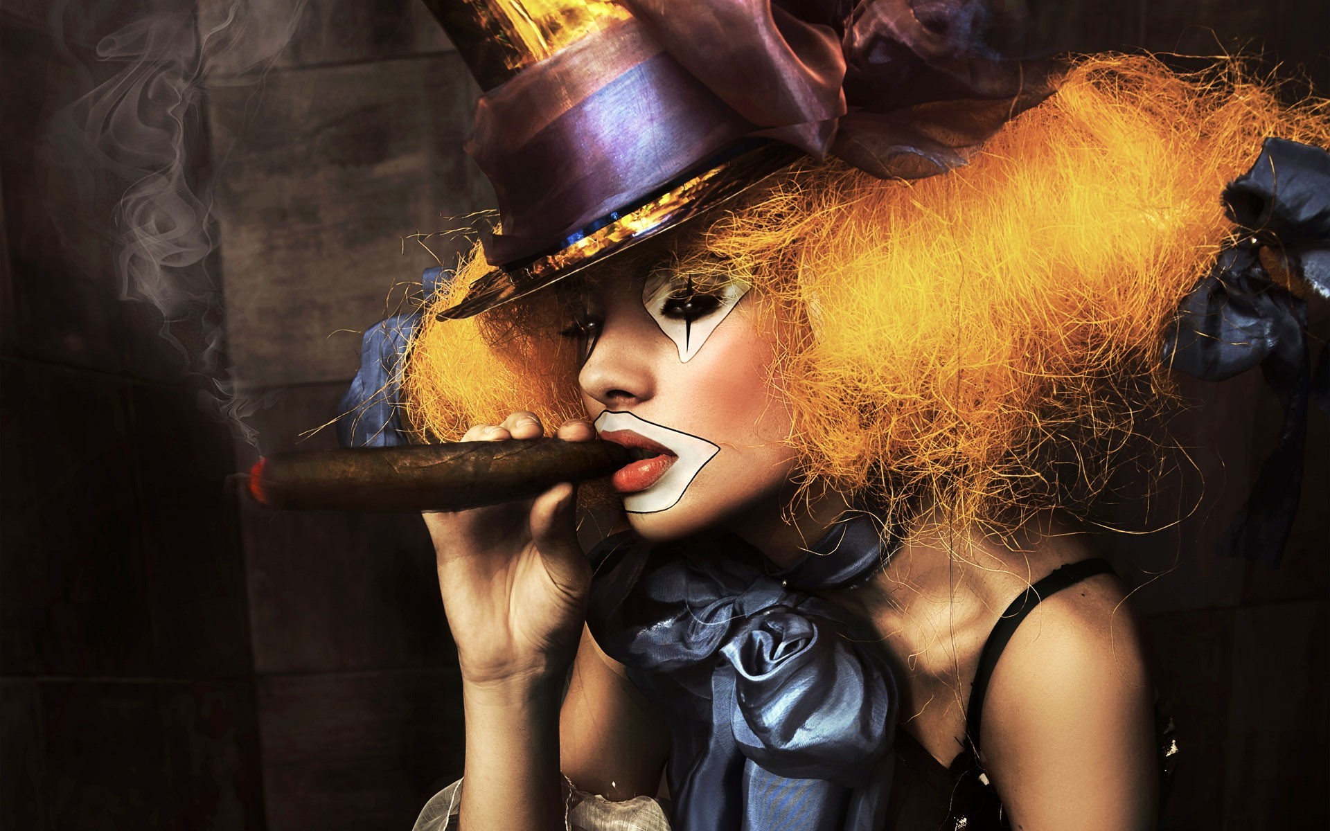 General 1920x1200 clown makeup redhead cigars hat costumes women model women with hats lipstick face paint women indoors smoke digital art