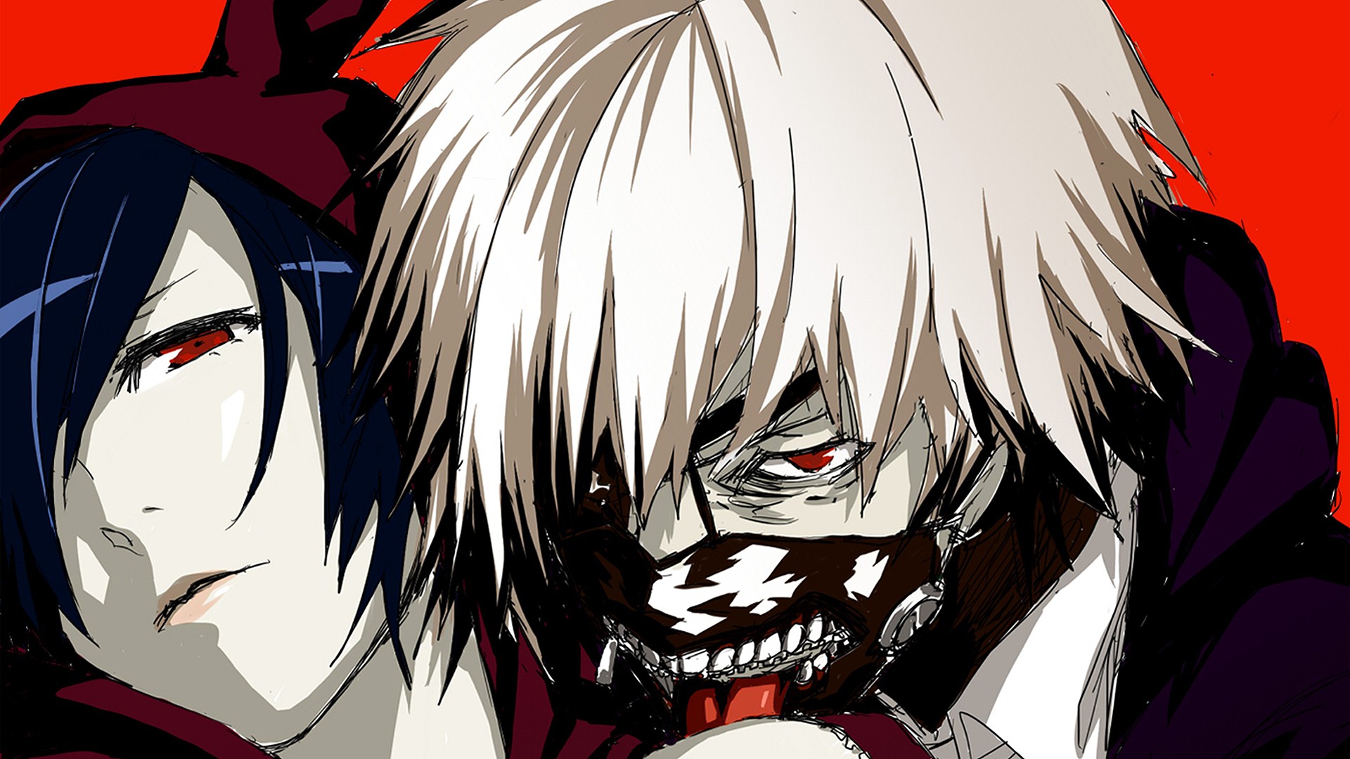Anime 1920x1080 Tokyo Ghoul Kaneki Ken Kirishima Touka anime mask face closeup red eyes red background