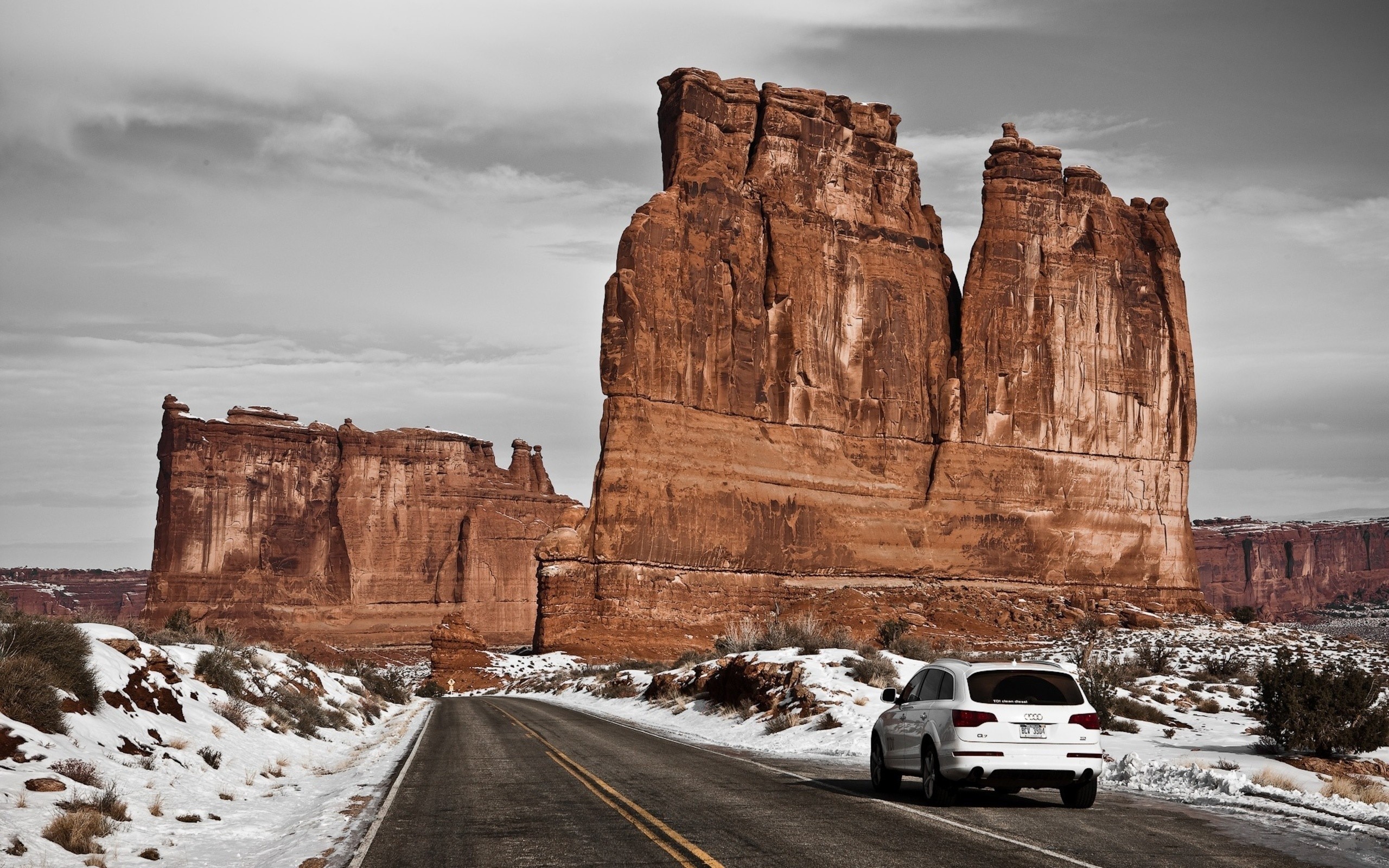 General 2560x1600 nature landscape Audi road car snow desert rocks overcast white cars vehicle rock formation