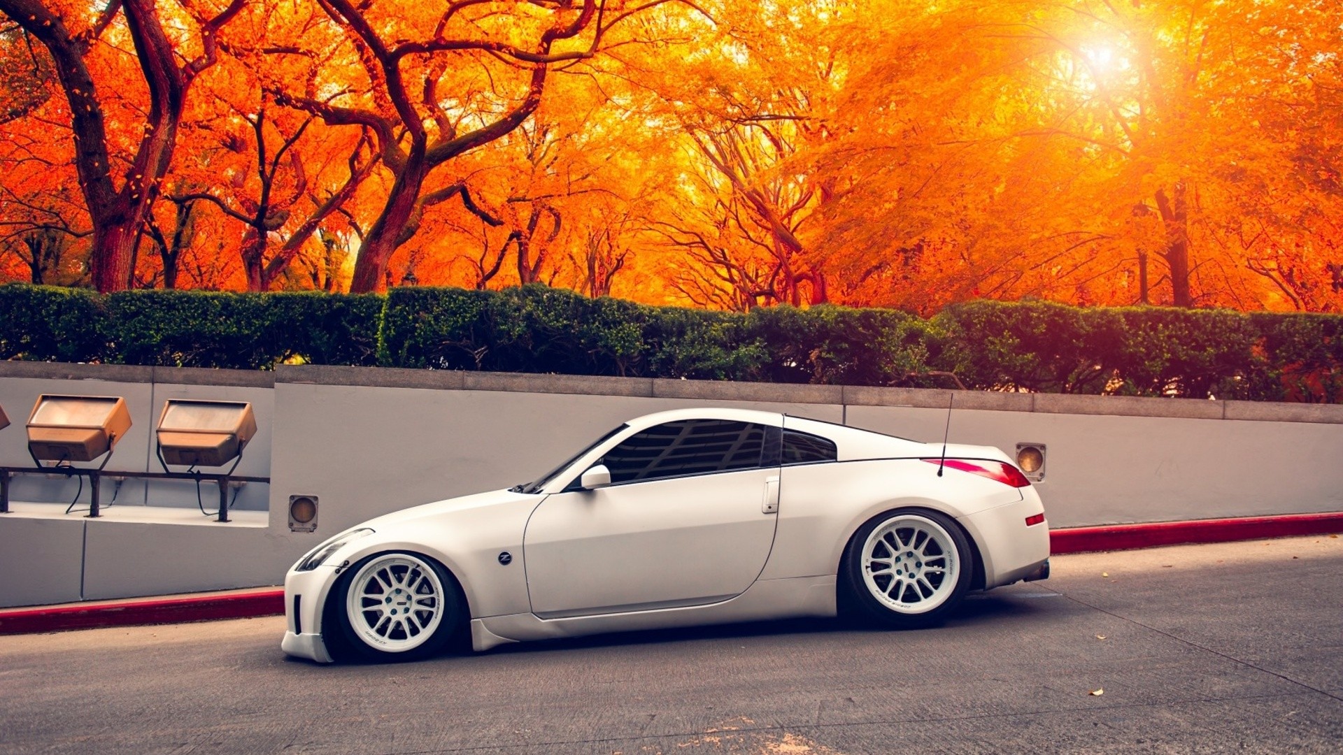 General 1920x1080 car Nissan Nissan 350Z Nissan Fairlady Z side view sunlight trees white cars vehicle