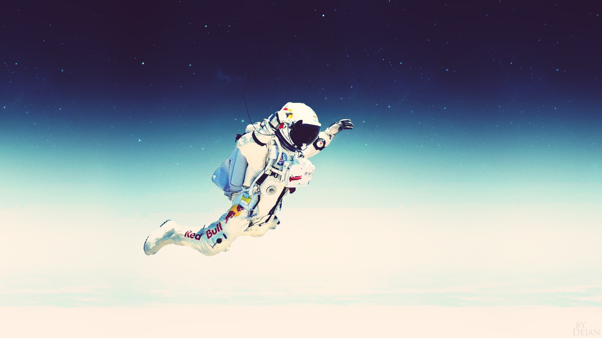 People 1920x1080 astronaut spacesuit Felix Baumgartner atmosphere digital art space art artwork falling space stars cyan blue white