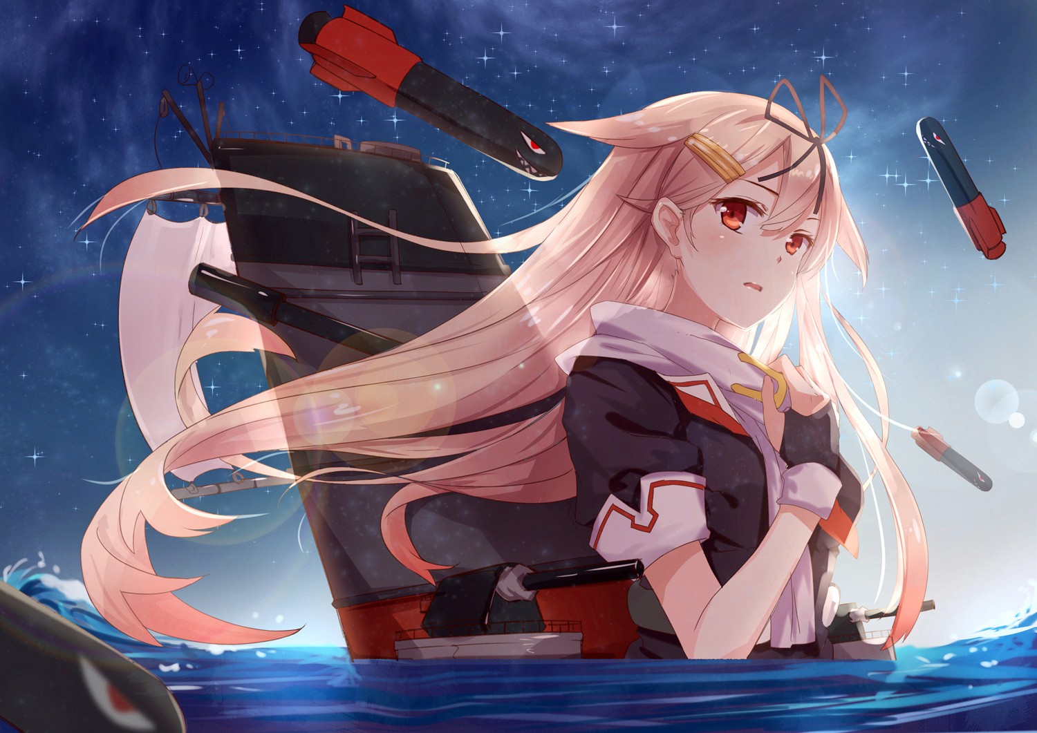 Anime 1500x1061 Kantai Collection Yuudachi (KanColle) anime girls blonde anime looking at viewer long hair red eyes in water