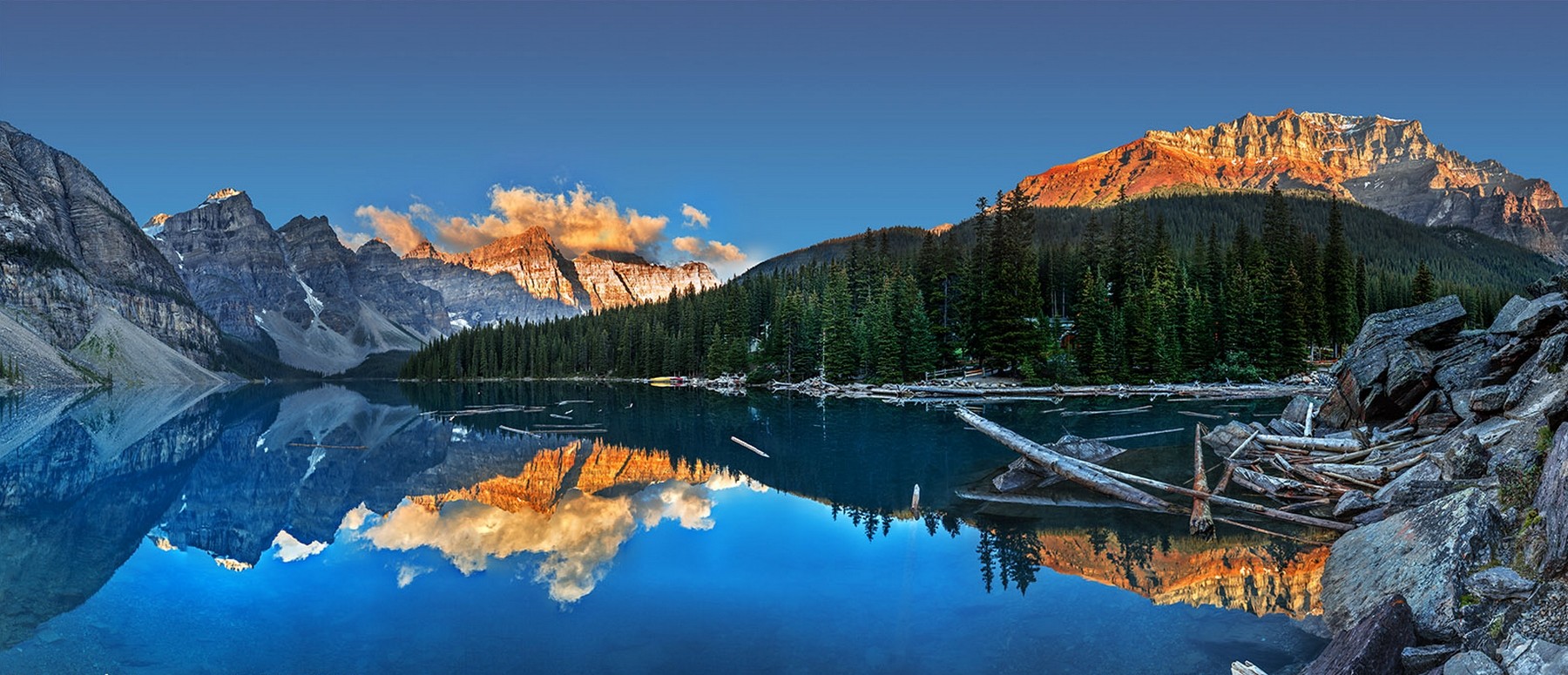 General 1800x775 Moraine Lake sunset summer lake Canada mountains water forest cliff reflection blue clouds nature landscape