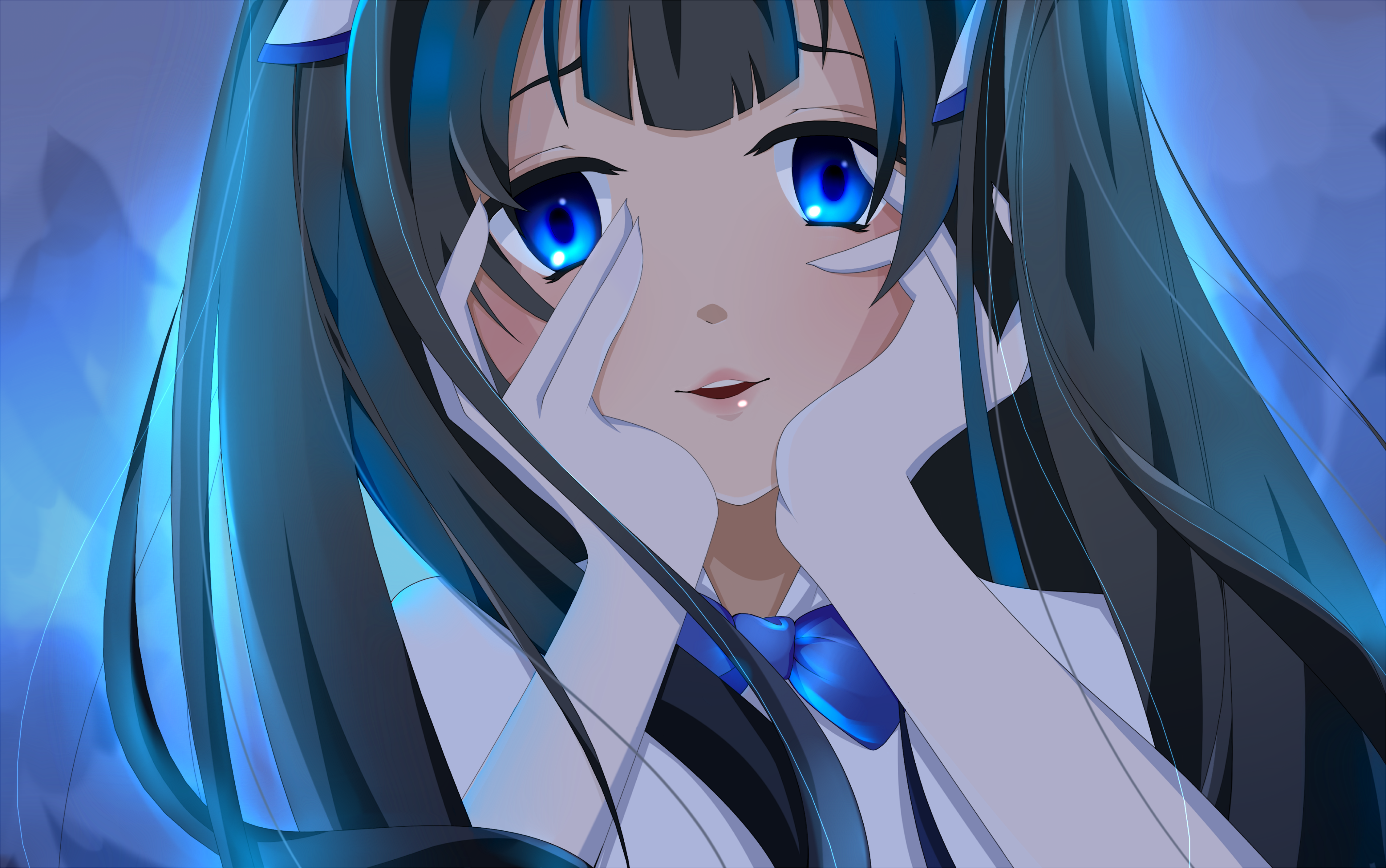 Anime 4500x2819 anime girls Dungeon ni Deai wo Motomeru no wa Machigatteiru Darou ka Hestia blue eyes anime face hand on face looking at viewer long hair
