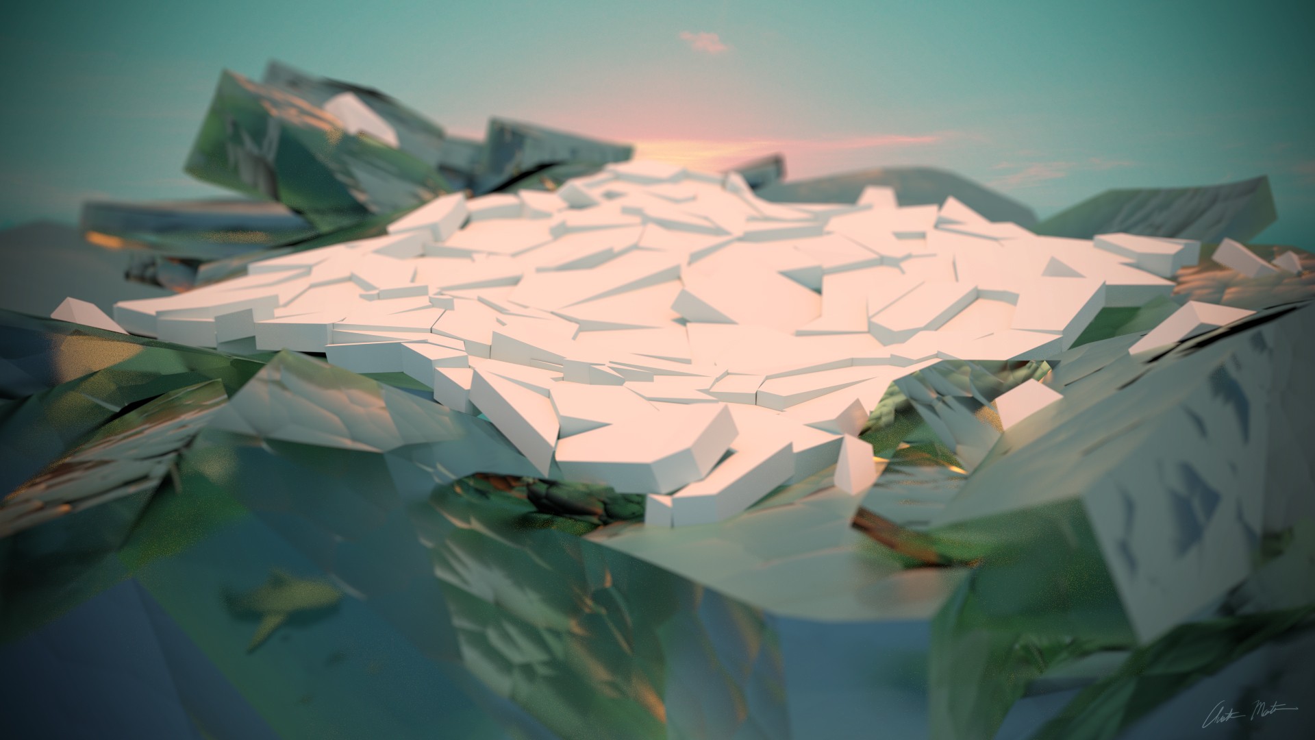 General 1920x1080 ice sea sunset minimalism Voronoi diagram abstract fantasy art imagination digital art render CGI