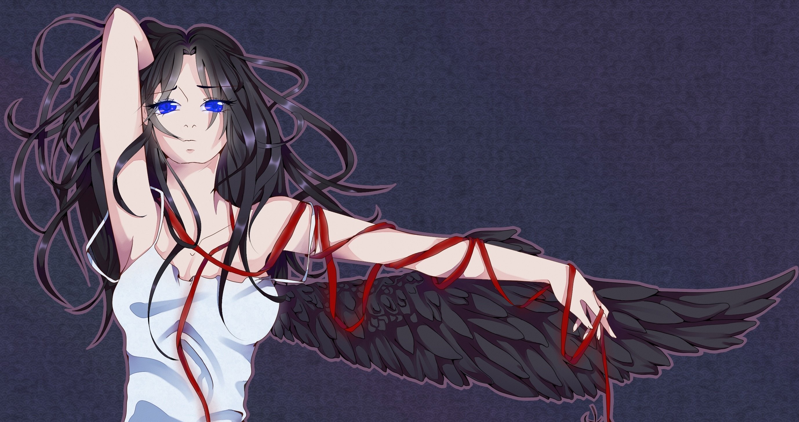 Anime 2757x1455 anime artwork anime girls wings blue eyes black hair long hair looking at viewer women arms up