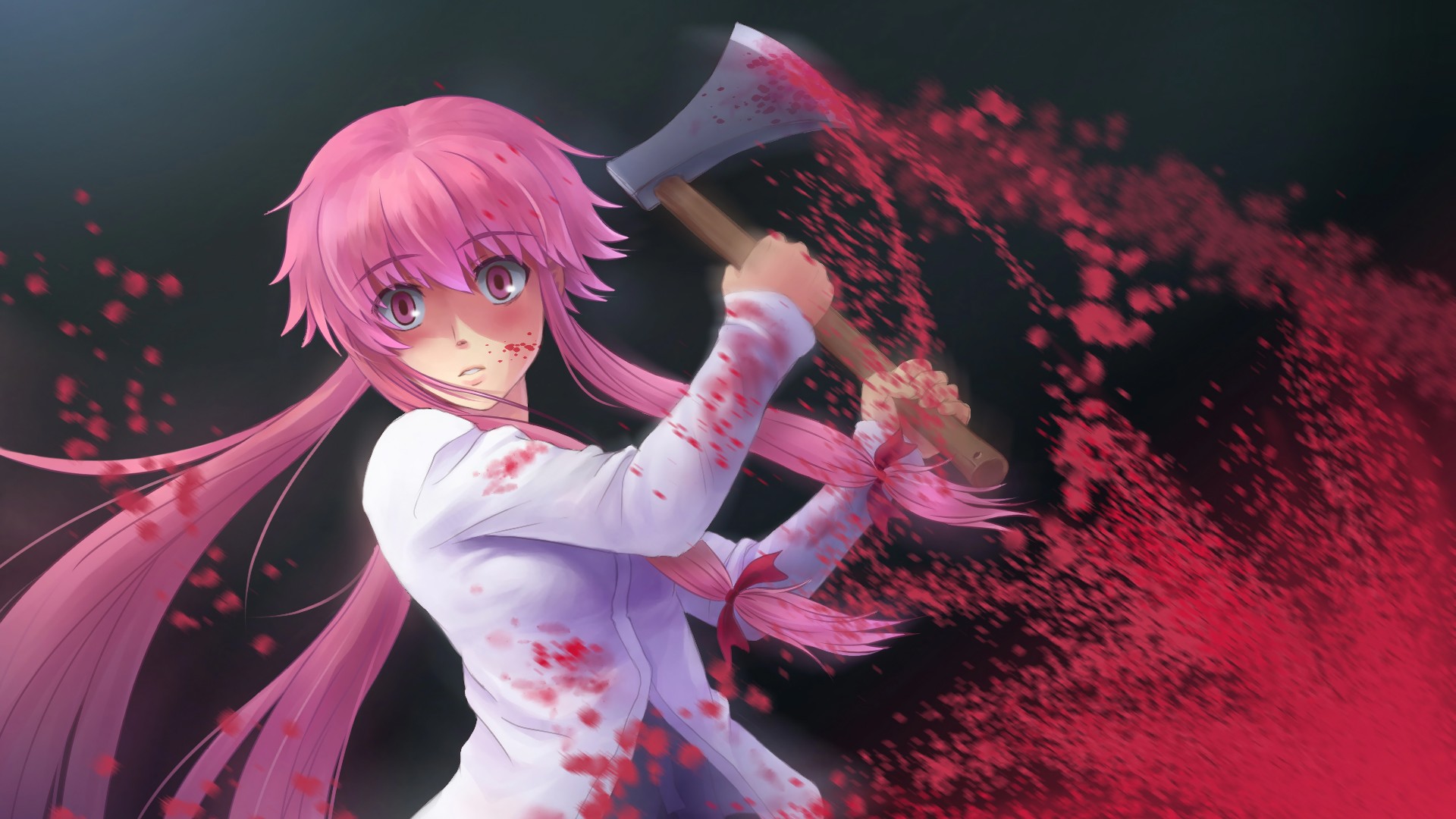 Anime 1920x1080 axes blood pink hair pink eyes anime girls anime long hair Gasai Yuno Mirai Nikki blood spatter