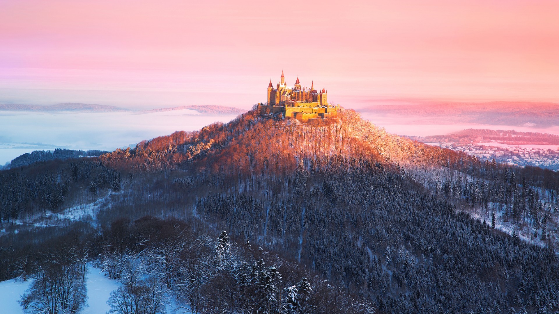 General 1920x1080 nature landscape building clouds hills trees forest Hohenzollern Castle castle Germany winter snow mist sunset