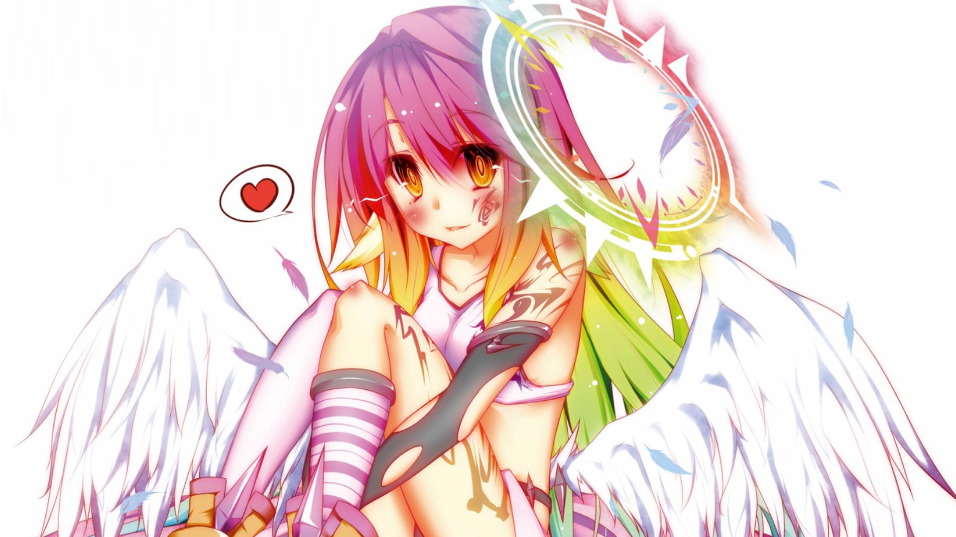 Anime 1920x1080 anime girls anime No Game No Life Jibril pink hair orange eyes heart (design) simple background white background sitting thighs together speech bubble