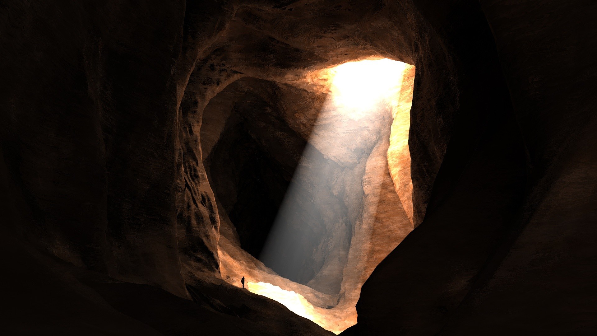 General 1920x1080 natural light nature cave sunlight digital art CGI men silhouette dark rocks sun rays