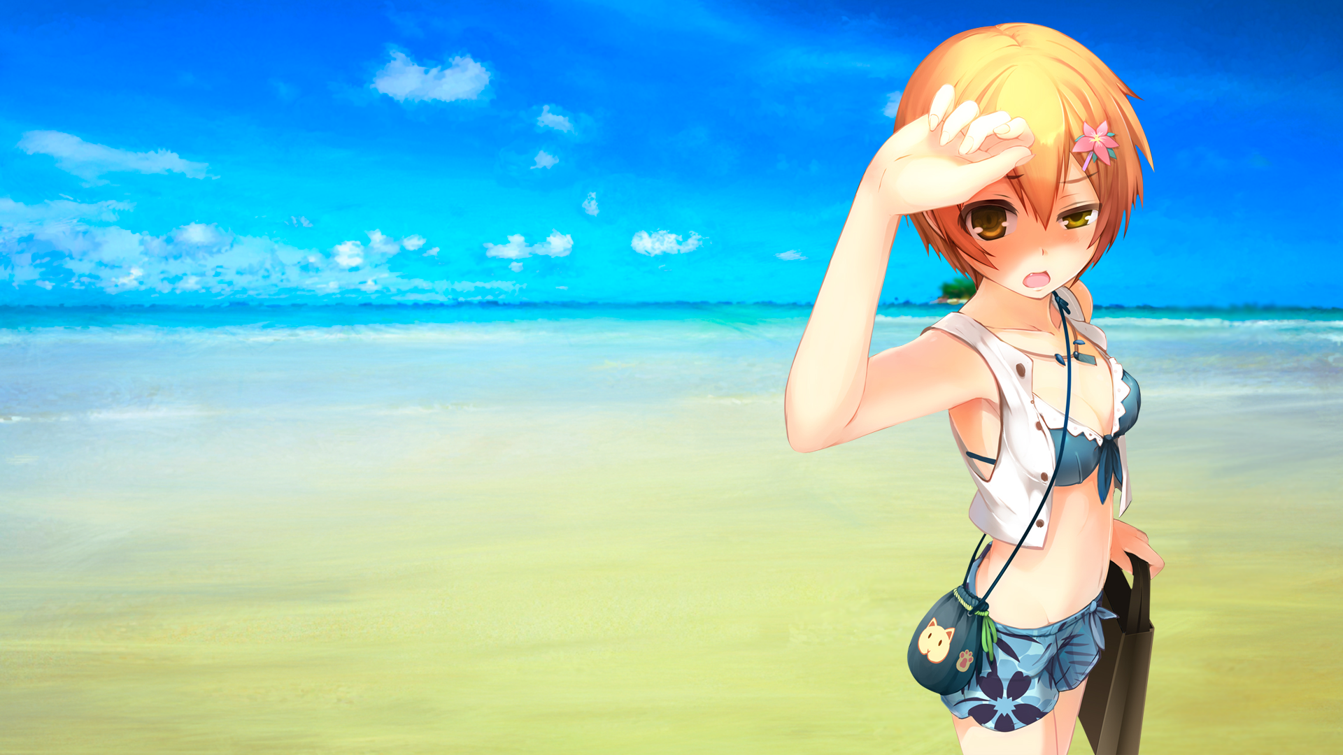Anime 1920x1080 anime girls anime Love Live! Hoshizora Rin women outdoors blonde bikini blue bikini bikini top