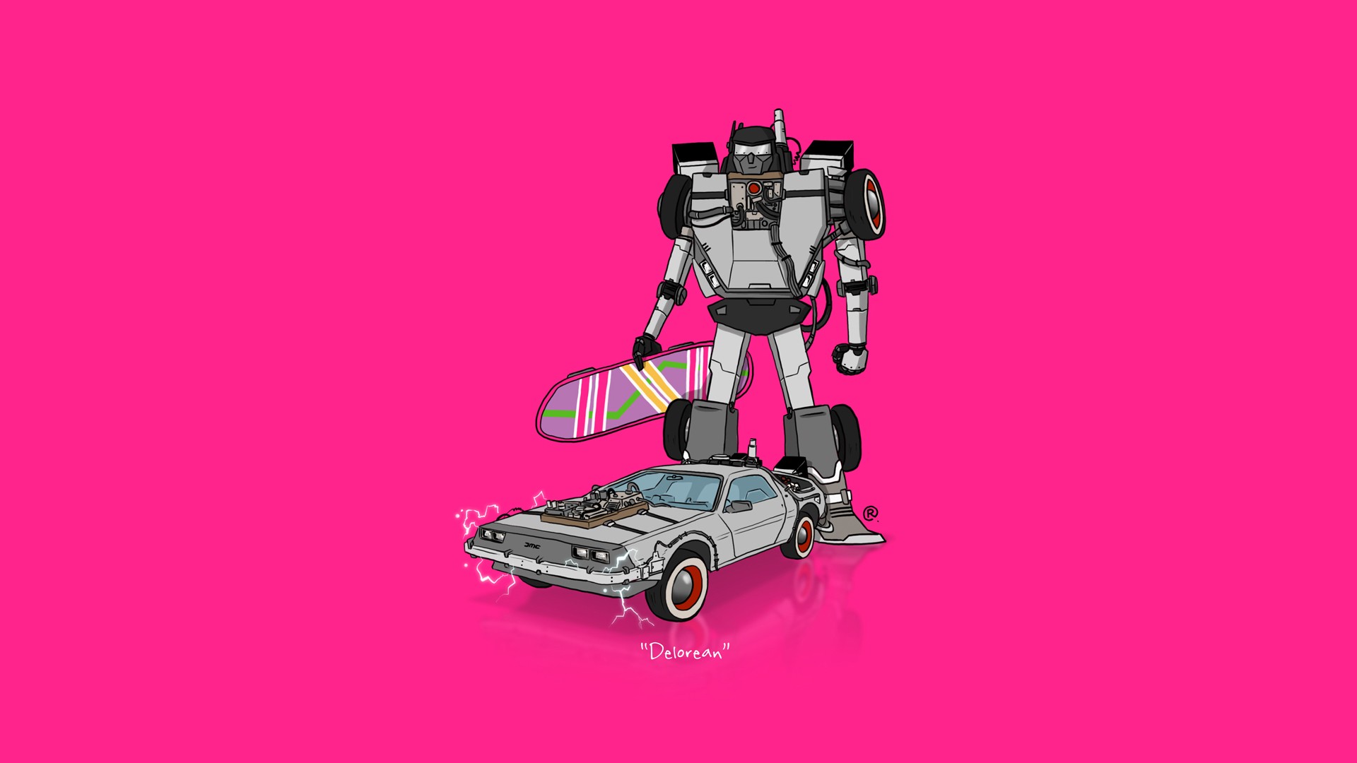 General 1920x1080 car Transformers minimalism DeLorean Back to the Future pink hoverboard crossover Time Machine robot pink background simple background vehicle movies Hasbro