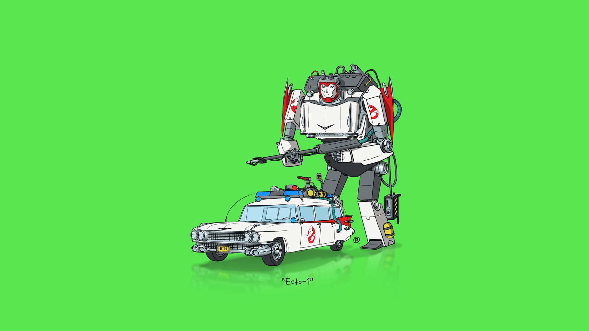 General 1920x1080 car Transformers minimalism Ghostbusters crossover white cars green background movies vehicle robot Ecto-1 (Ghostbusters)