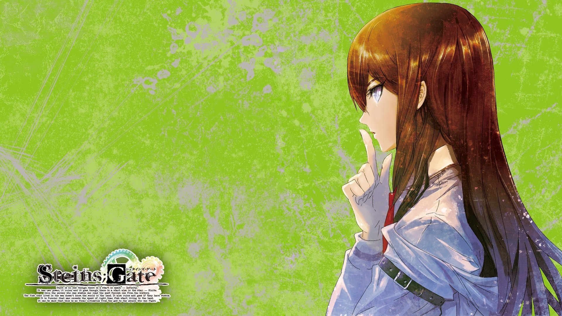 Anime 1920x1080 anime anime girls Steins;Gate redhead Makise Kurisu white shirt tie blue eyes green background face profile long hair