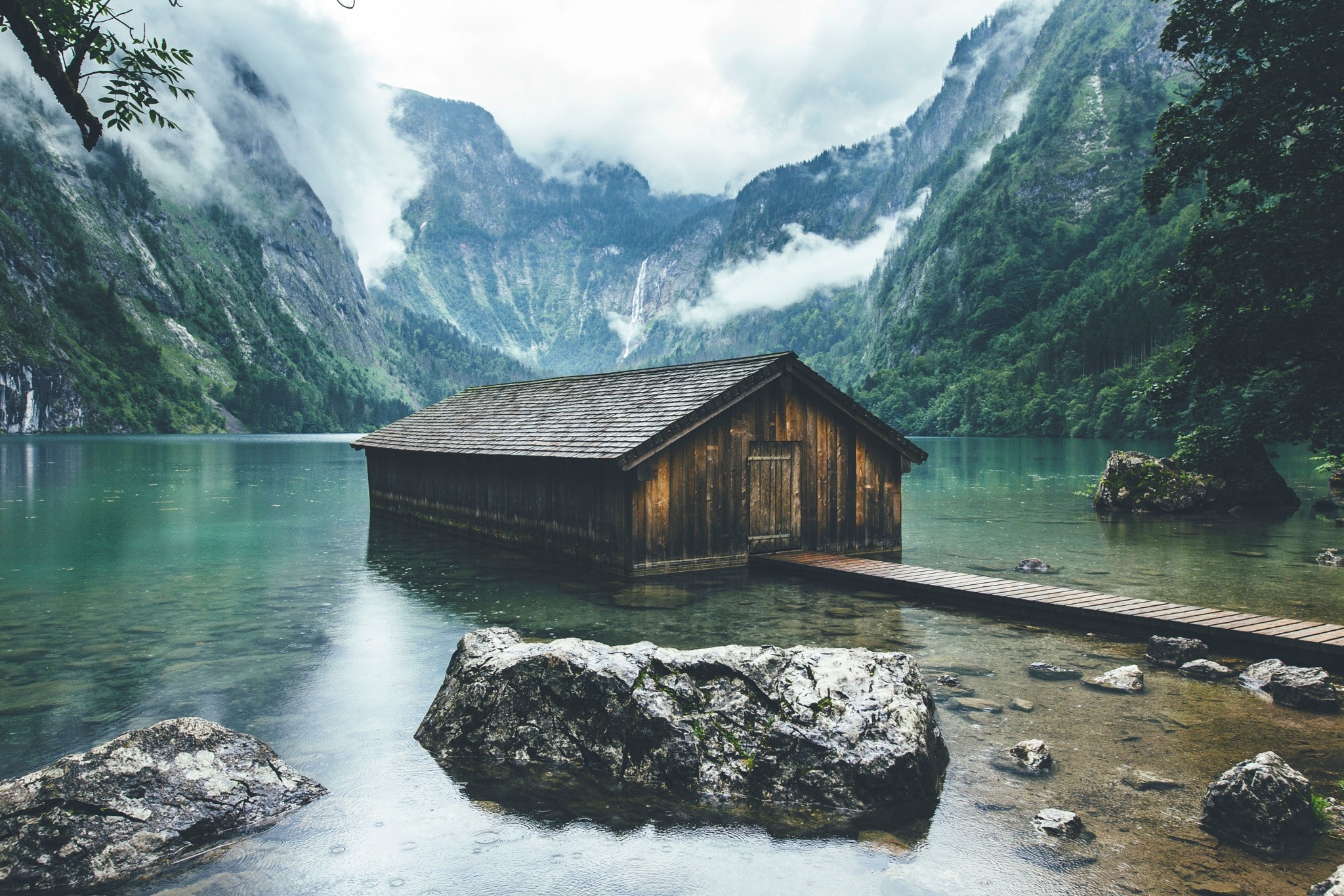 General 2048x1365 nature landscape lake boathouses Germany mountains forest clouds Berchtesgaden National Park Obersee