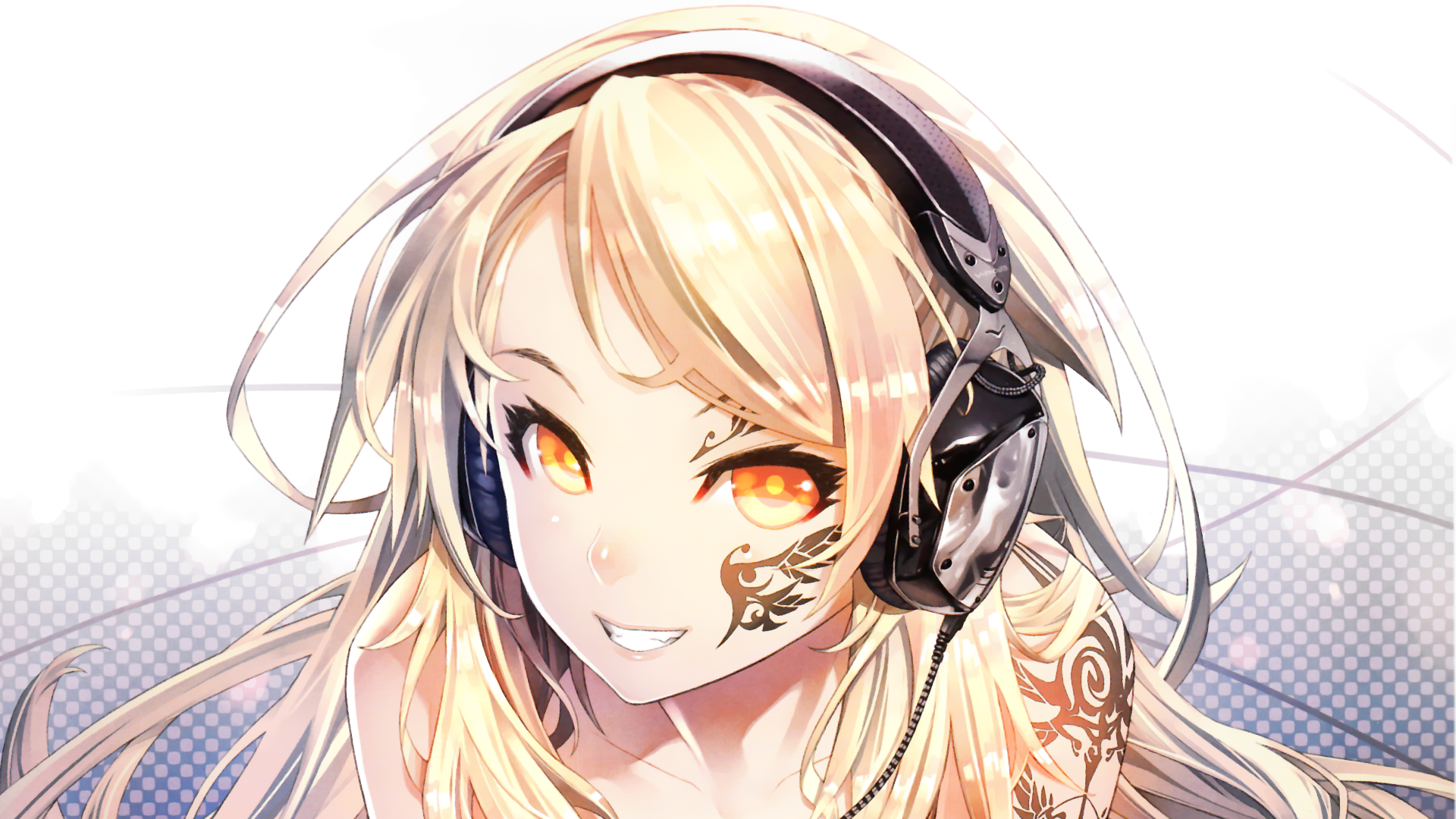 Anime 1920x1080 anime girls anime headphones yellow eyes blonde face closeup white background smiling inked girls orange eyes