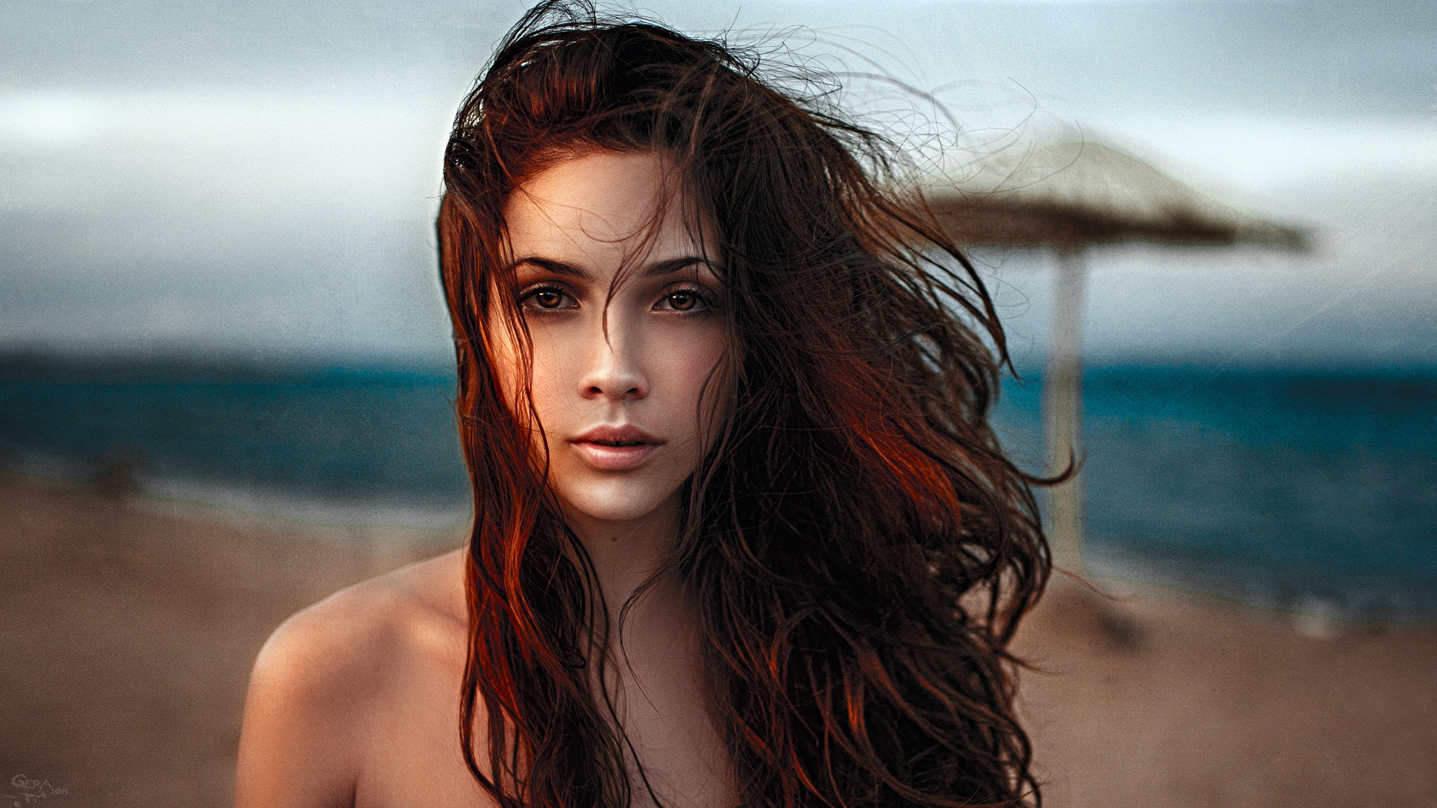 People 2048x1152 women model brown eyes portrait windy Georgy Chernyadyev beach sea depth of field women outdoors hair in face redhead women on beach 2015 (Year) face