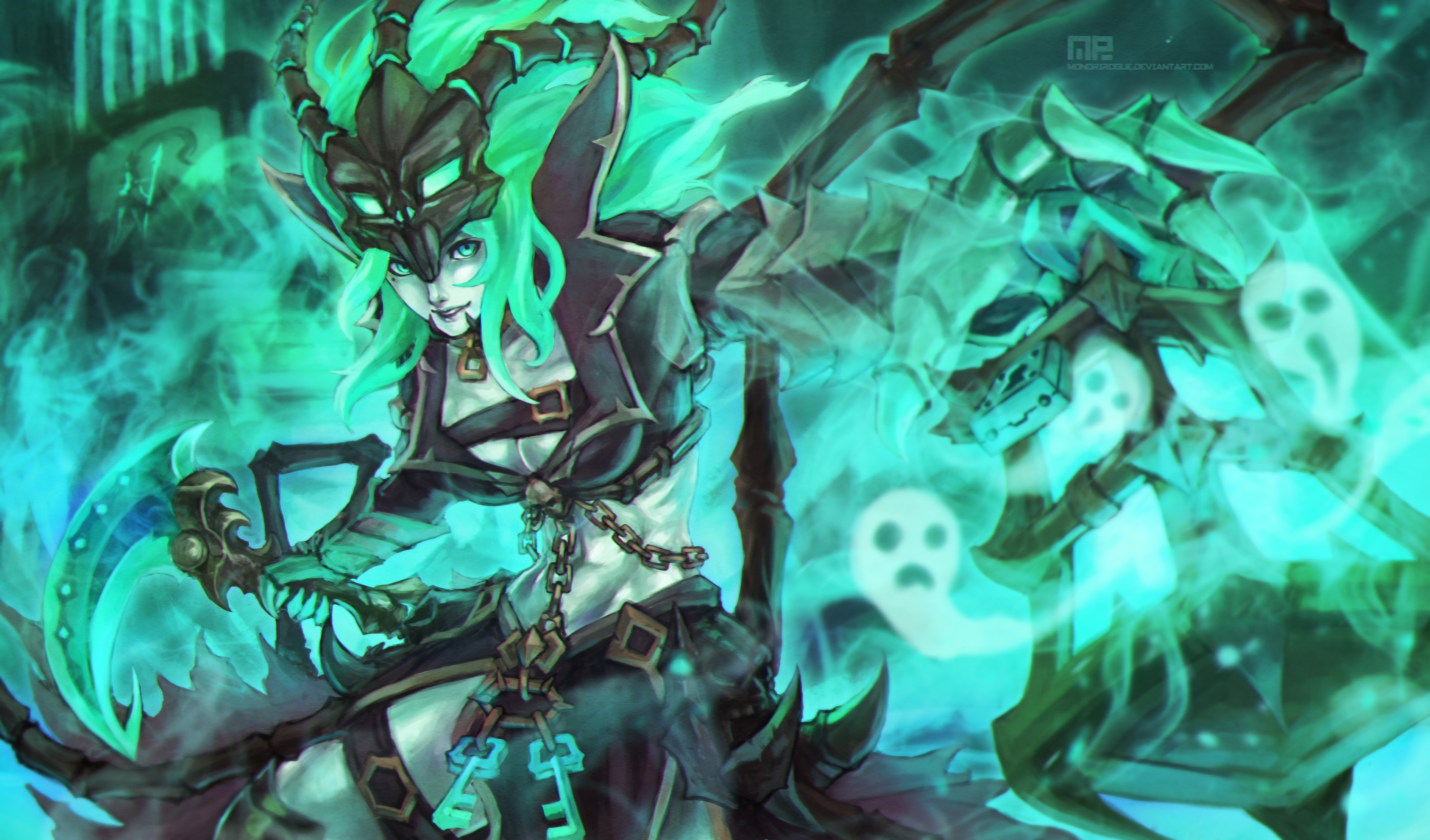 General 3777x2220 League of Legends Thresh (League Of Legends) fantasy girl PC gaming green video games fan art DeviantArt video game girls video game characters