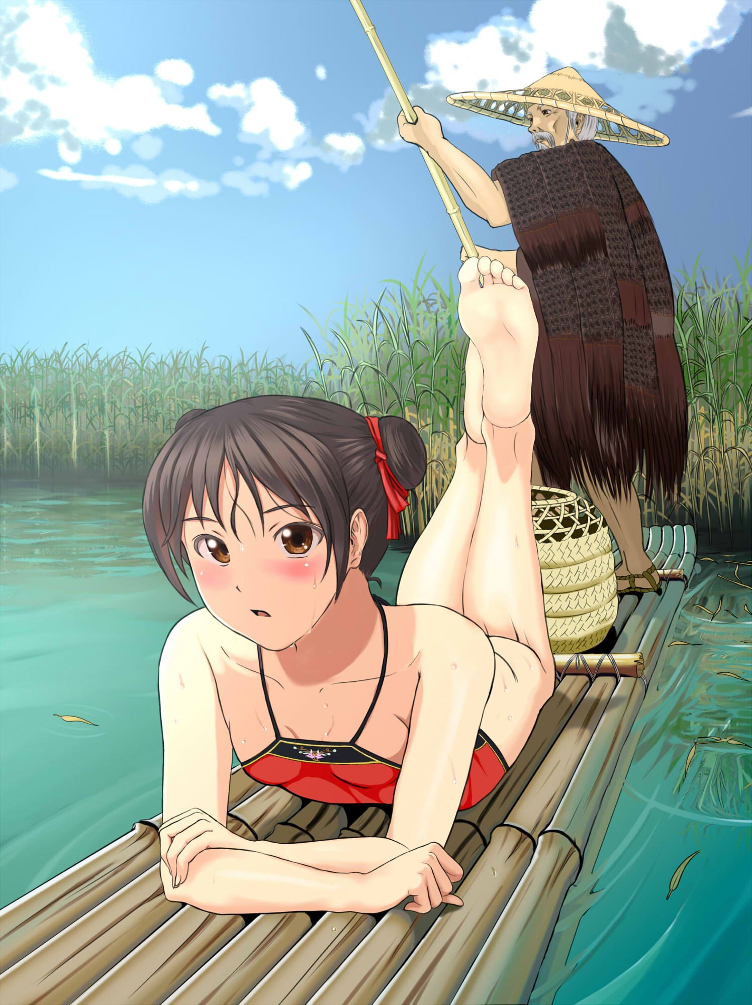 Anime 1496x2000 one-piece swimsuit anime girls anime legs up barefoot outdoors women outdoors brunette lying on front nature anime men