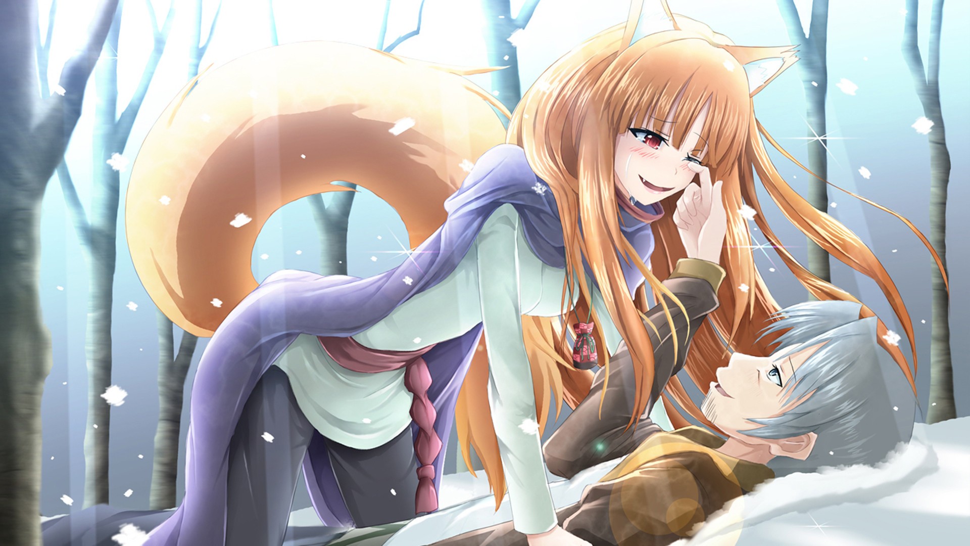 Anime 1920x1080 anime girls anime Spice and Wolf Holo (Spice and Wolf) wolf girls lawrence fantasy art fantasy girl anime boys couple tail winter snow women outdoors forest trees sunlight cape Purple Cape