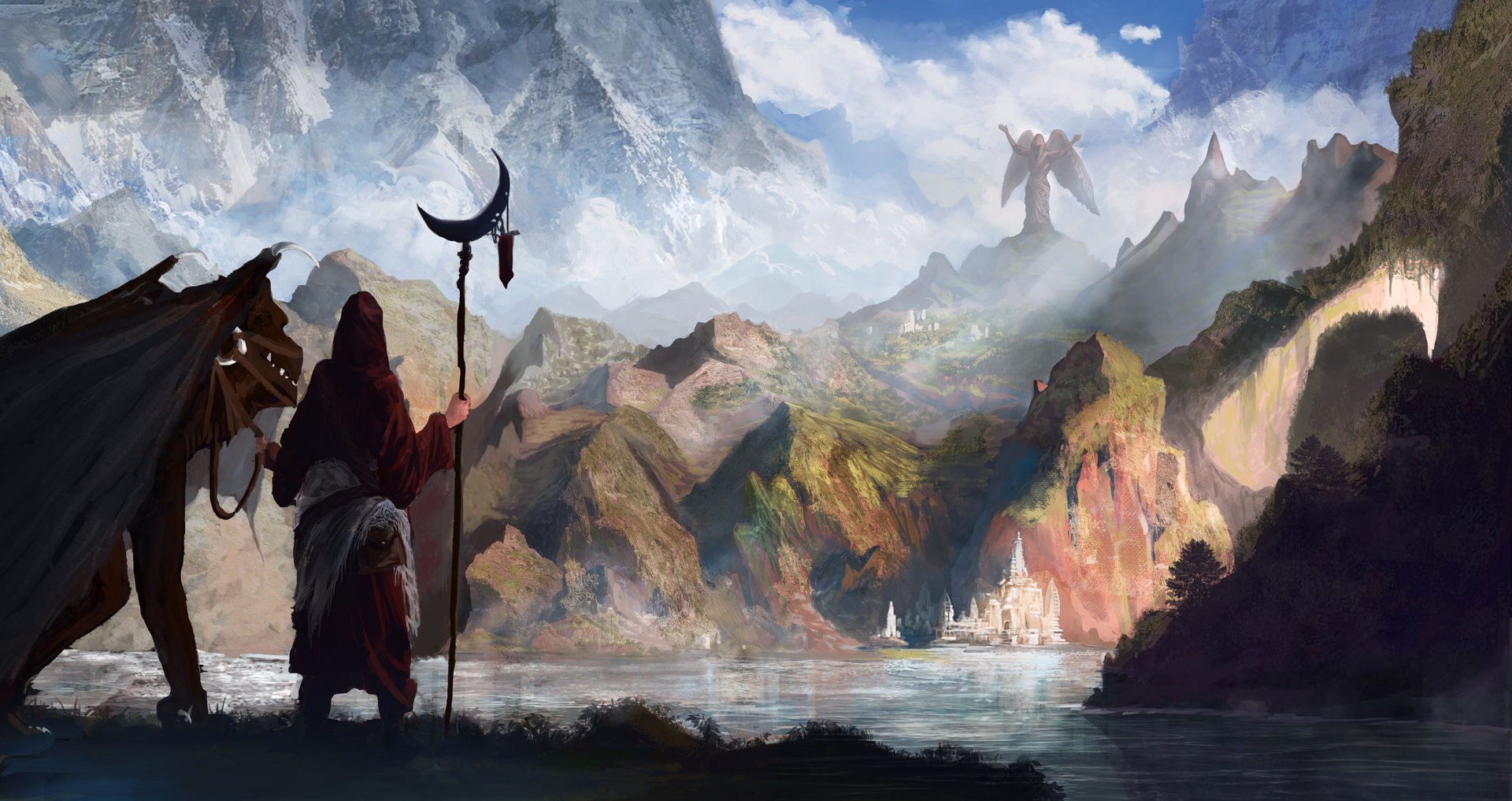 General 1920x1017 artwork fantasy art dragon mountains statue angel landscape staff