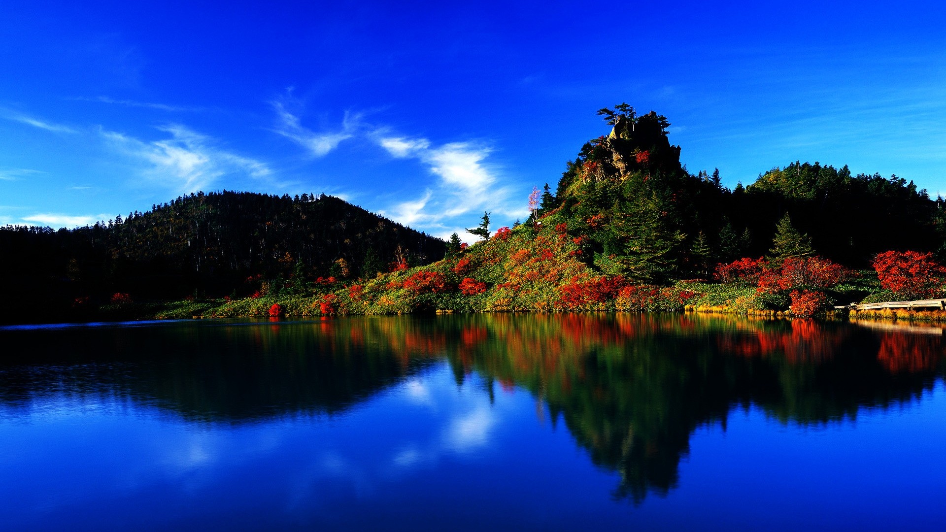 General 1920x1080 landscape clouds trees forest water reflection horizon Japan lake fall hills rocks colorful