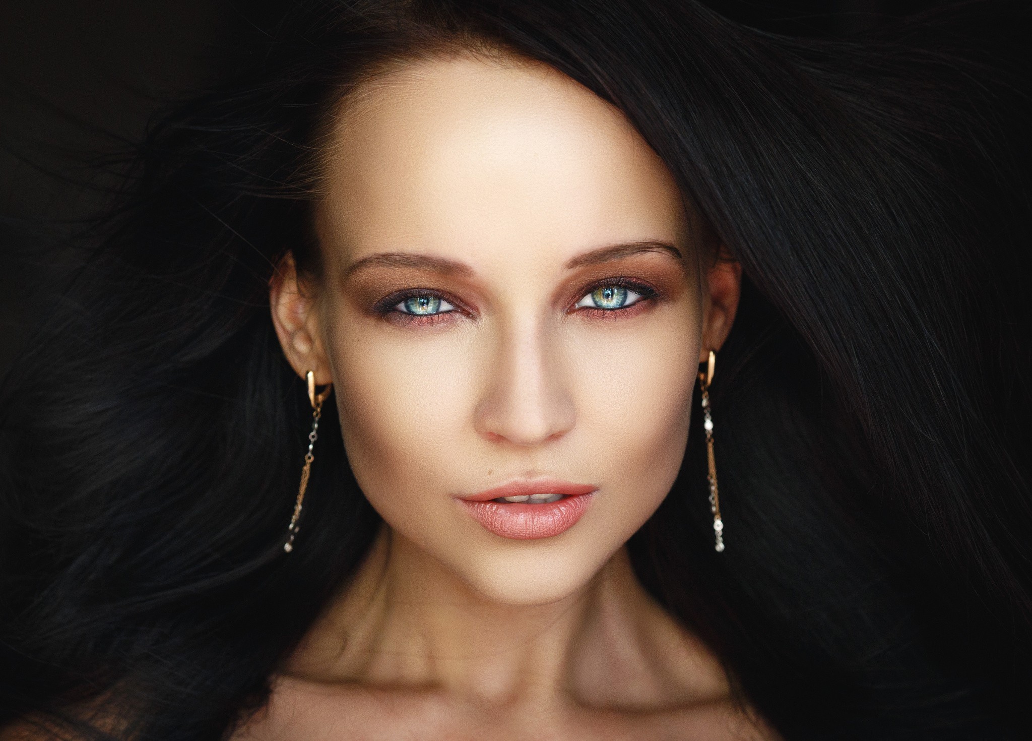 People 2048x1470 women Angelina Petrova face closeup model makeup black hair parted lips looking at viewer long hair Ukrainian Ukrainian women