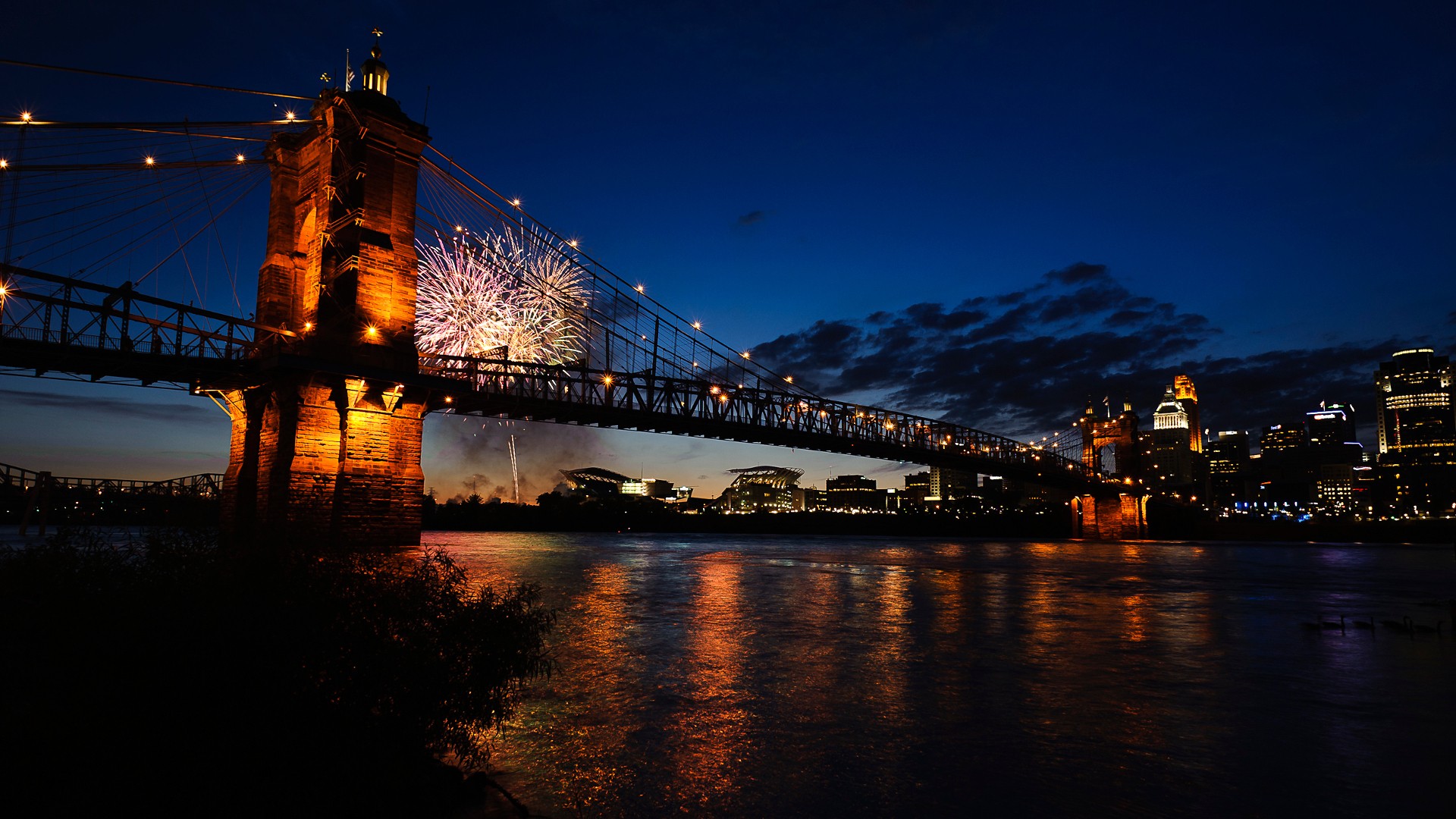 General 1920x1080 fireworks night bridge Kentucky cityscape city lights river USA