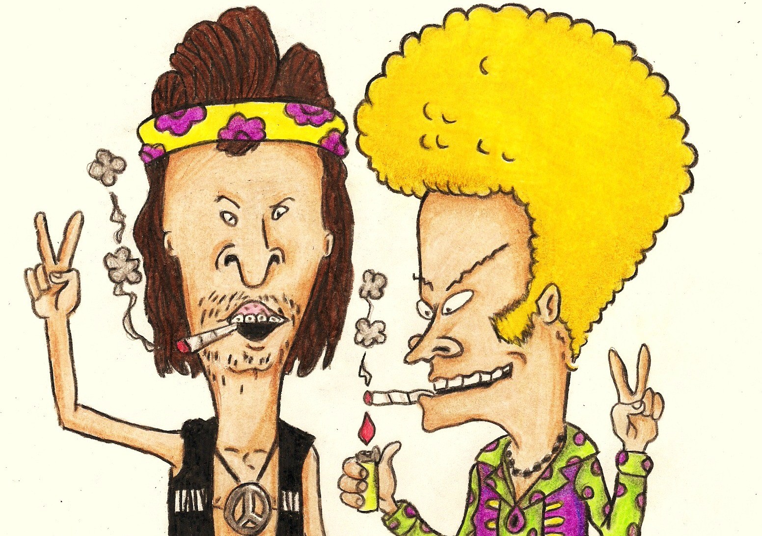 General 1552x1092 Beavis & Butthead MTV hippie  cartoon TV series drugs fan art victory sign smoking matches simple background digital art