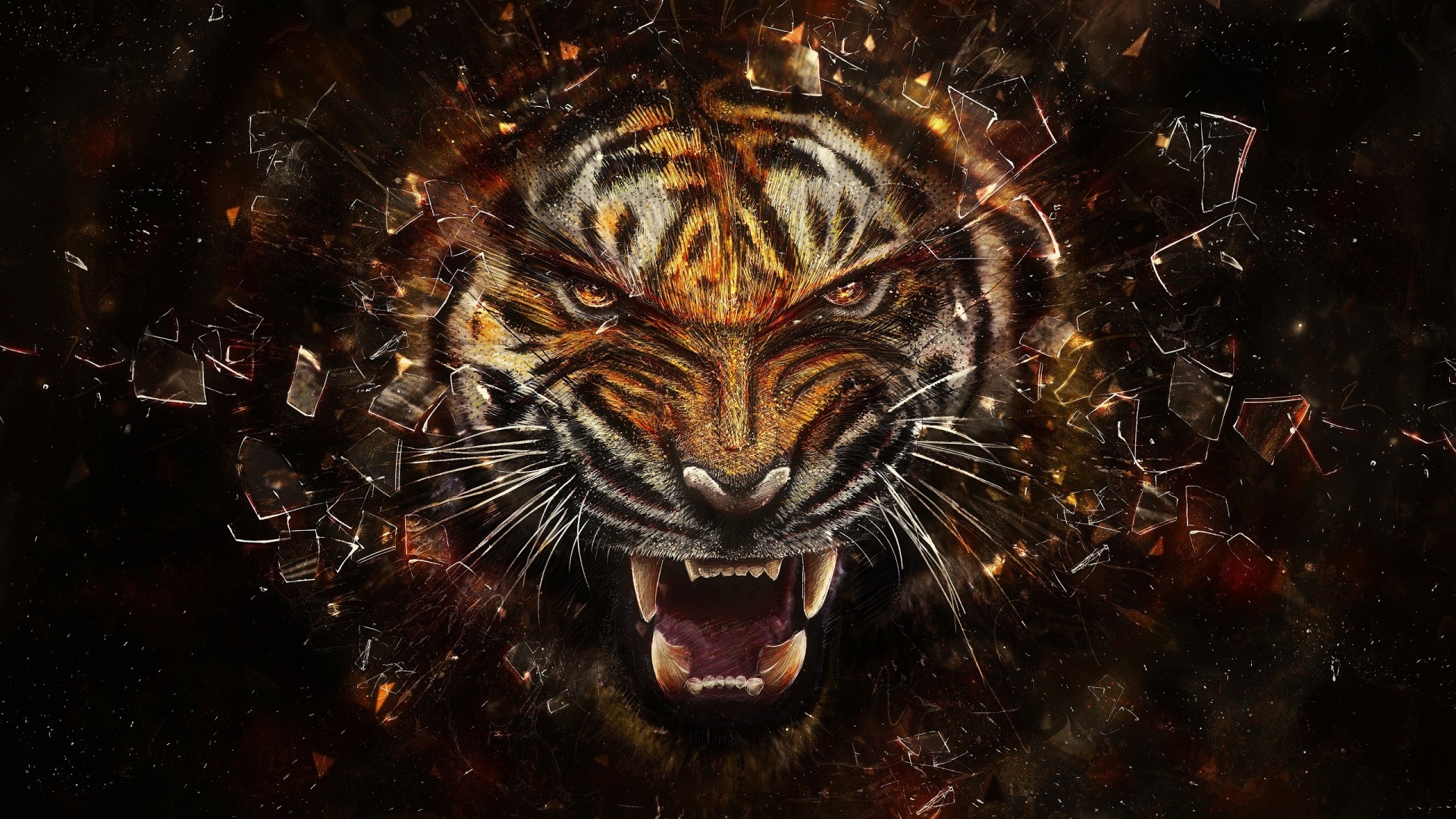 General 1920x1080 tiger glass broken glass shards face teeth animals artwork digital art mammals big cats