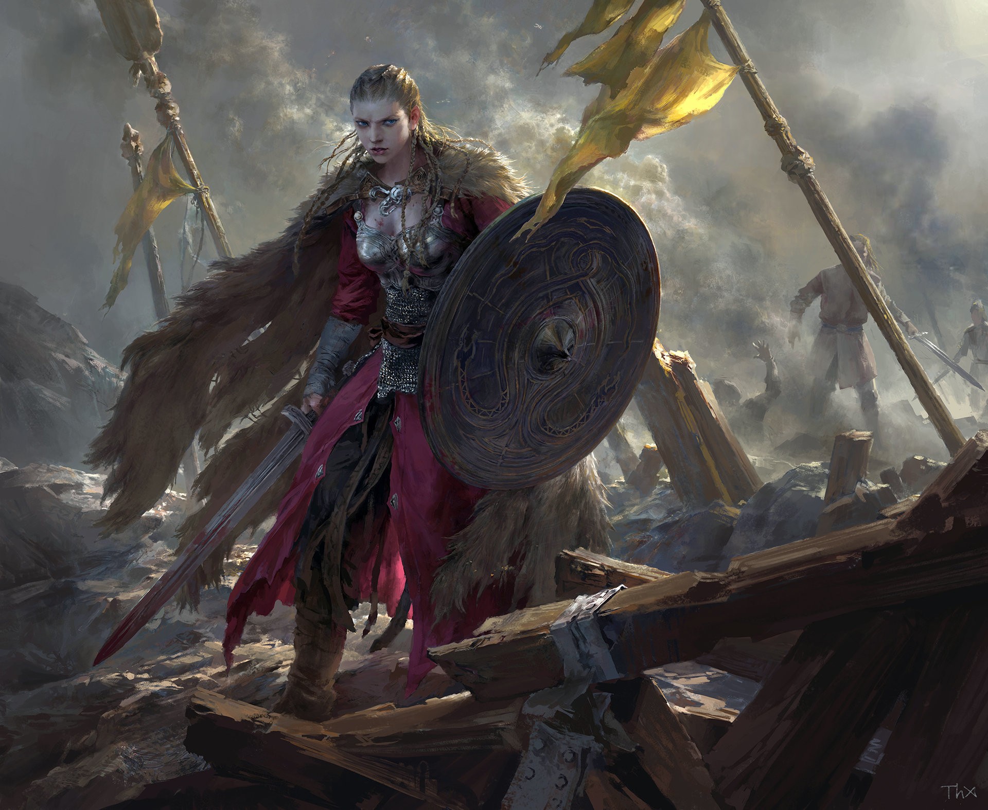 General 1920x1575 fantasy art fantasy girl blood sword shield warrior women with swords digital art watermarked