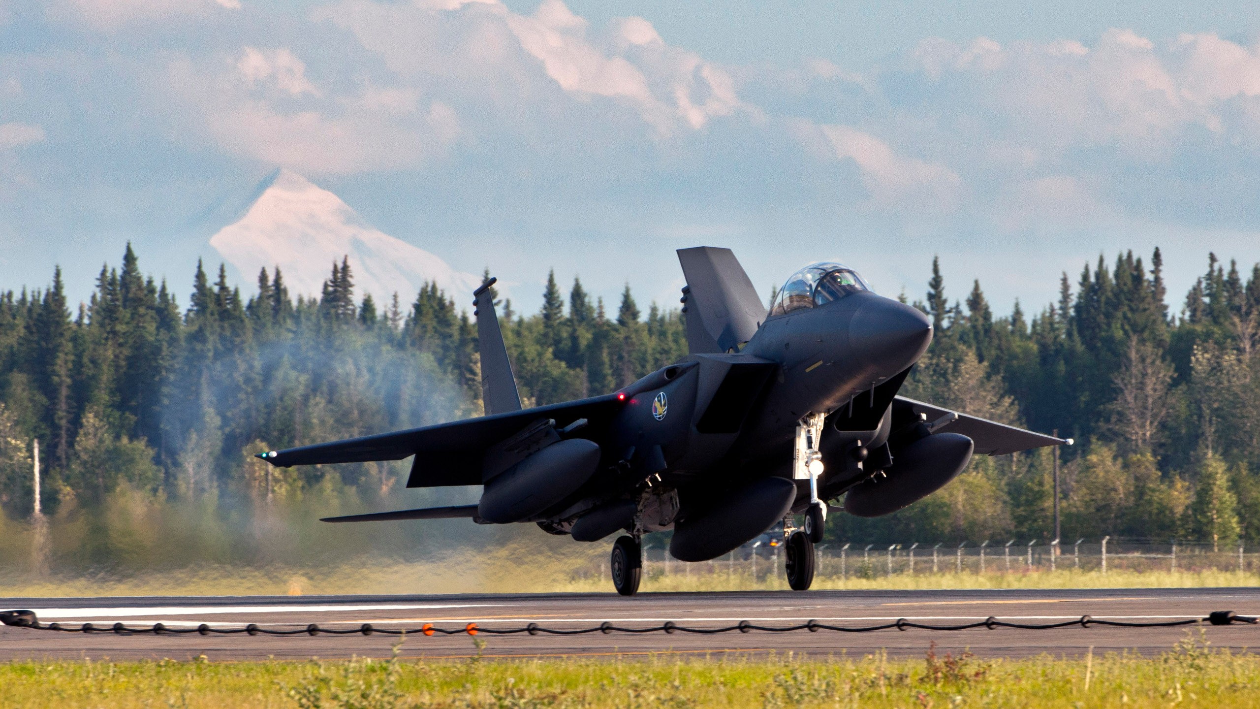 General 2560x1440 military military aircraft jet fighter F-15 Eagle Republic of Korea Armed Forces aircraft military vehicle ROK Air Force take-off Alaska military training jets 2013 (Year) military base runway vehicle sky clouds trees