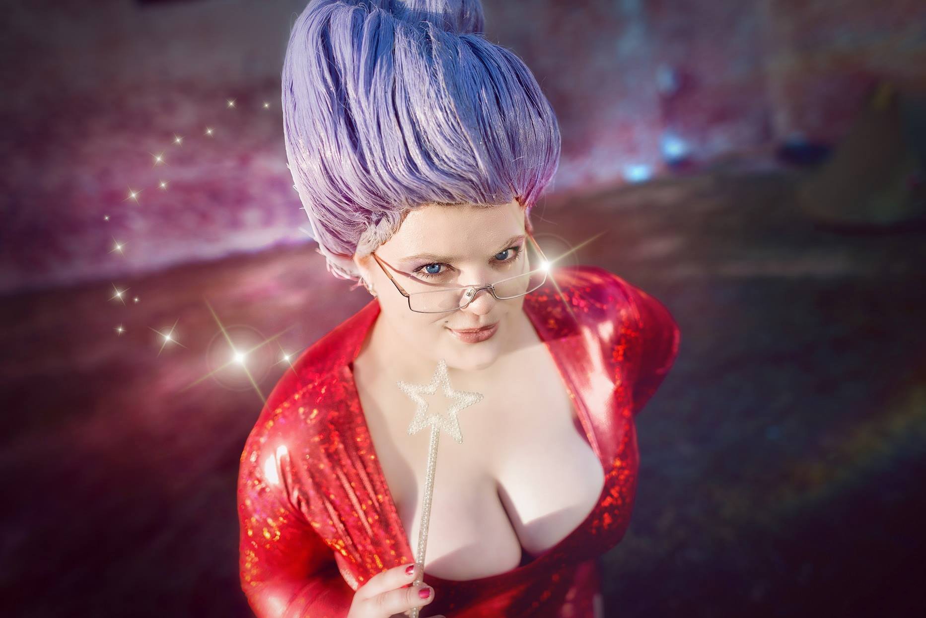 People 1865x1245 cosplay cleavage wigs women women with glasses witch fairy tale high angle boobs staff pale blue eyes fantasy girl red dress dress