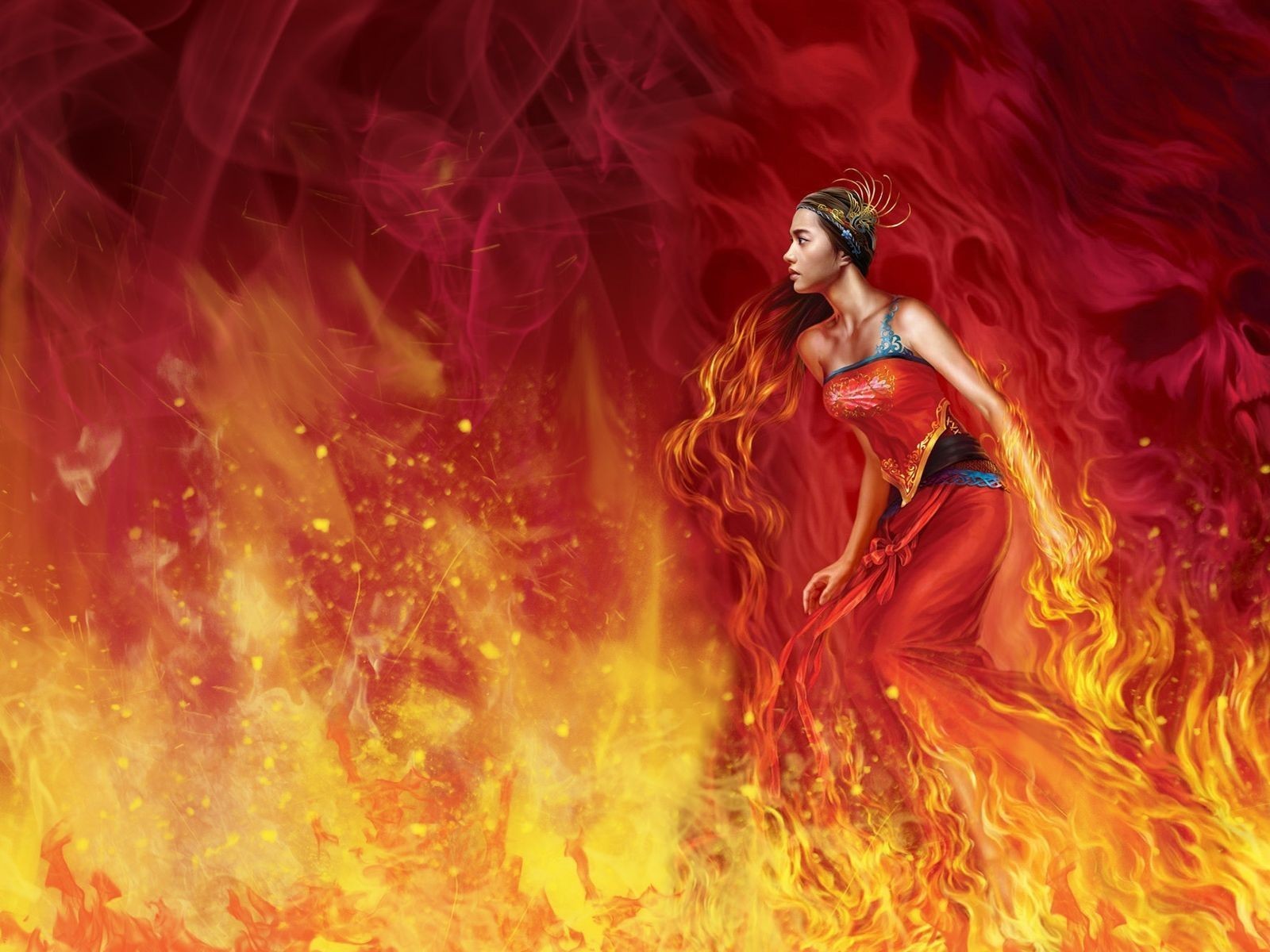 General 1600x1200 artwork fantasy art fire fantasy girl burning Flame Painter long hair