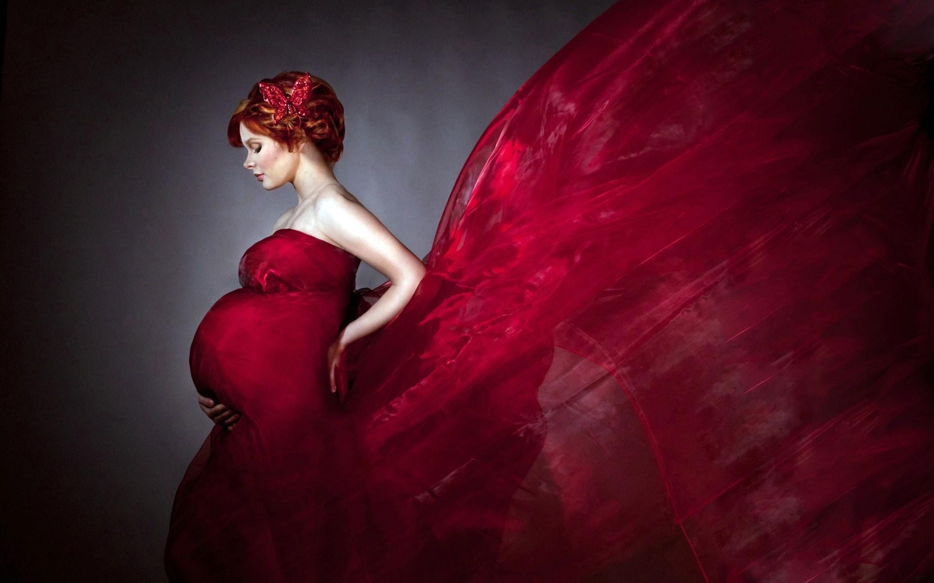 General 1920x1200 pregnant artwork butterfly profile dress pale women belly redhead red dress standing