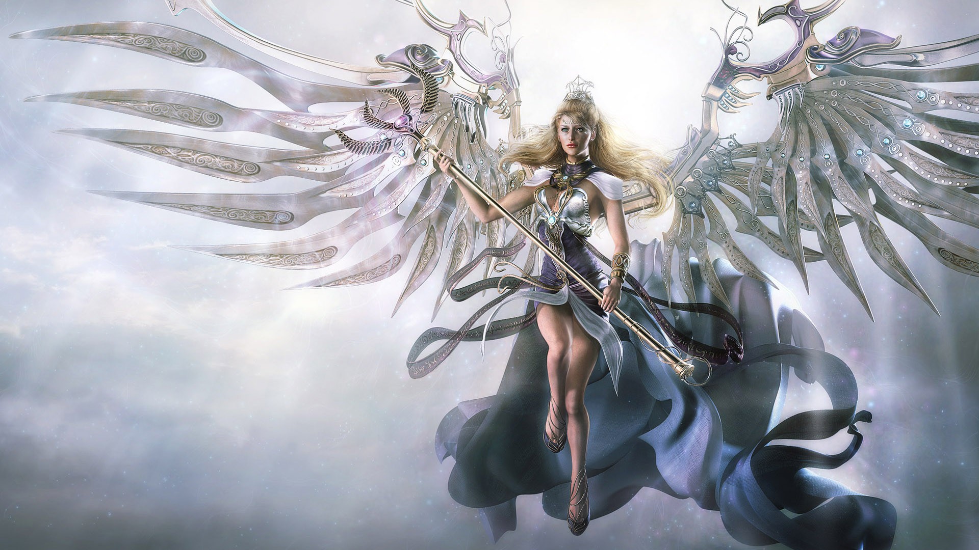 General 1920x1080 angel fictional fantasy art artwork women staff fantasy girl wings blonde legs together long hair legs