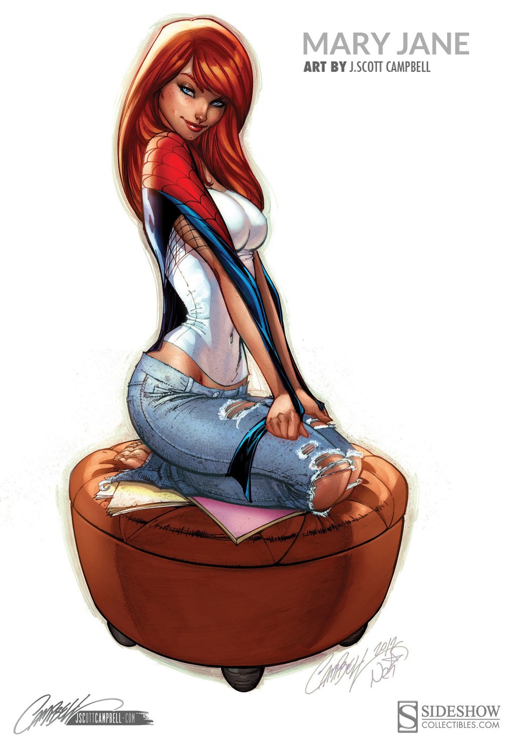 General 1024x1487 fantasy girl boobs redhead kneeling women Mary Jane Watson smiling torn jeans simple background white background artwork red lipstick looking at viewer J. Scott Campbell