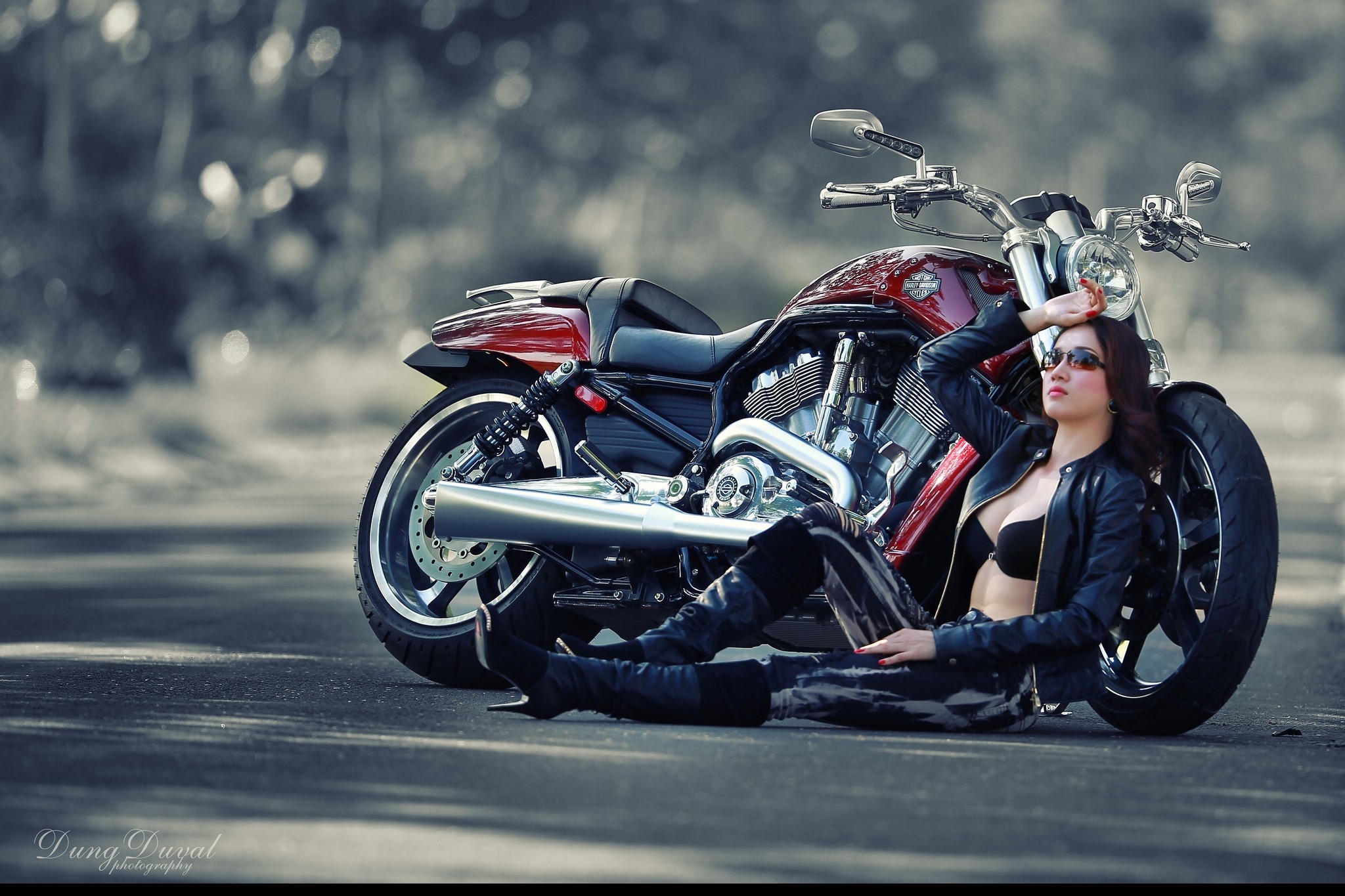 People 2048x1365 motorcycle Red Motorcycles women with motorcycles vehicle Harley-Davidson road asphalt Asian women model women with shades women outdoors open clothes bra black bras red nails