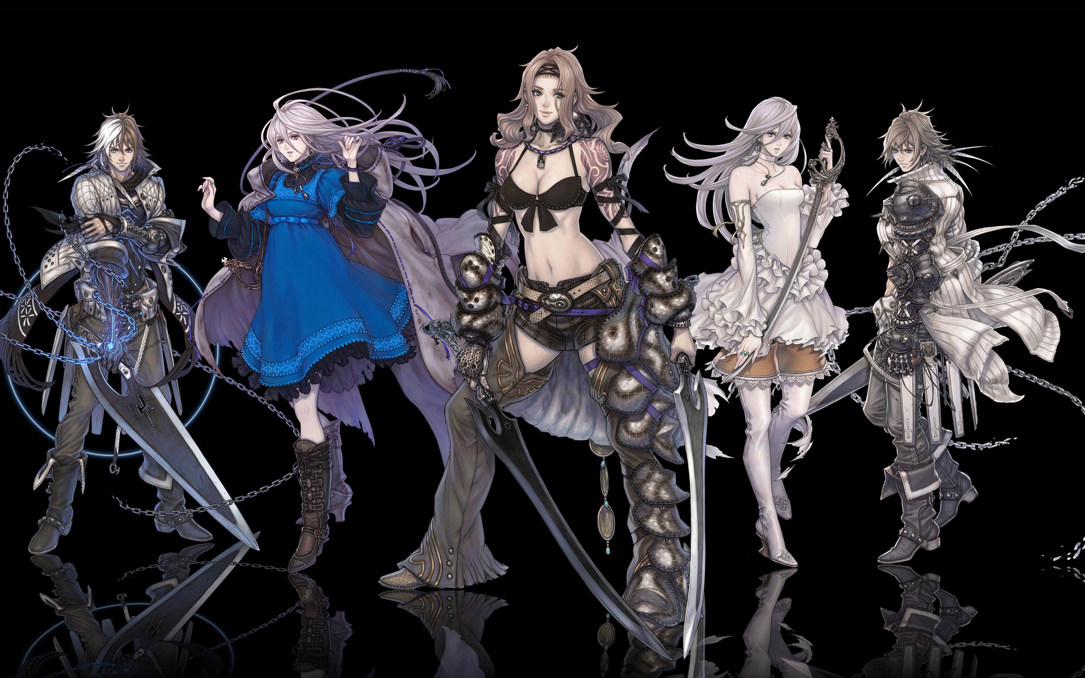 Anime 3500x2188 anime girls The Last Story anime fantasy girl anime boys fantasy art boobs cleavage women with swords sword weapon simple background black background reflection bra belly dress women trio