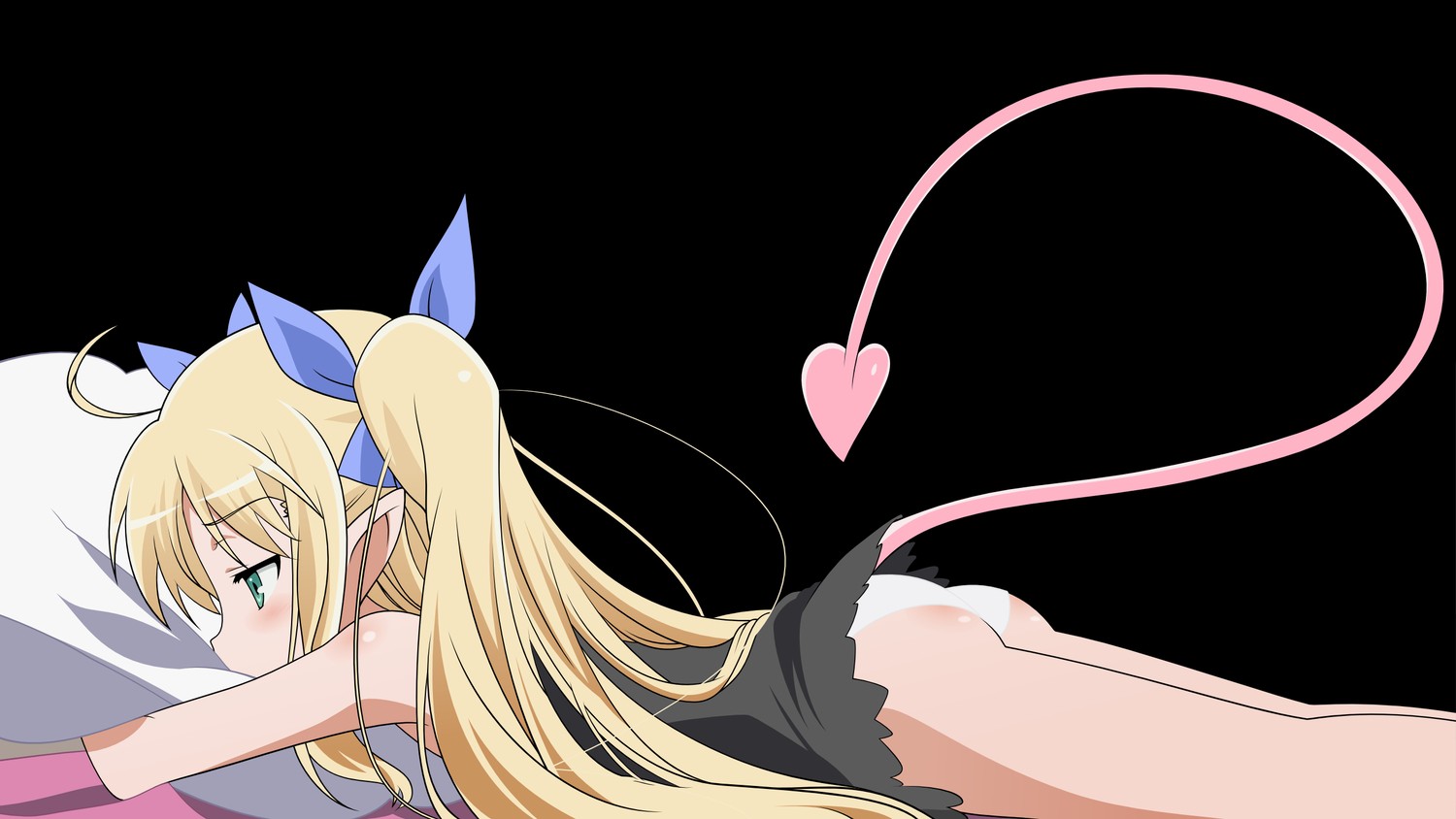 Anime 1500x844 anime girls Lotte no Omocha! loli anime ass green eyes lying on front simple background black background tail blonde twintails panties