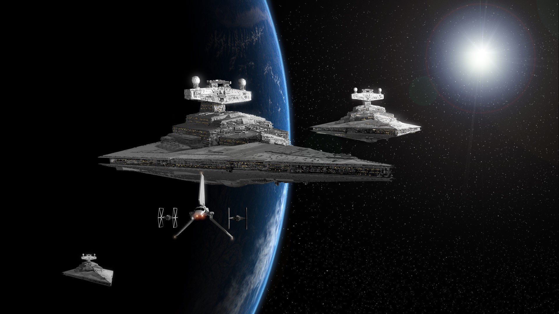 General 1920x1080 Star Wars Star Destroyer Star Wars Ships digital art Imperial Forces space science fiction planet vehicle Galactic Empire stars sunlight lens flare
