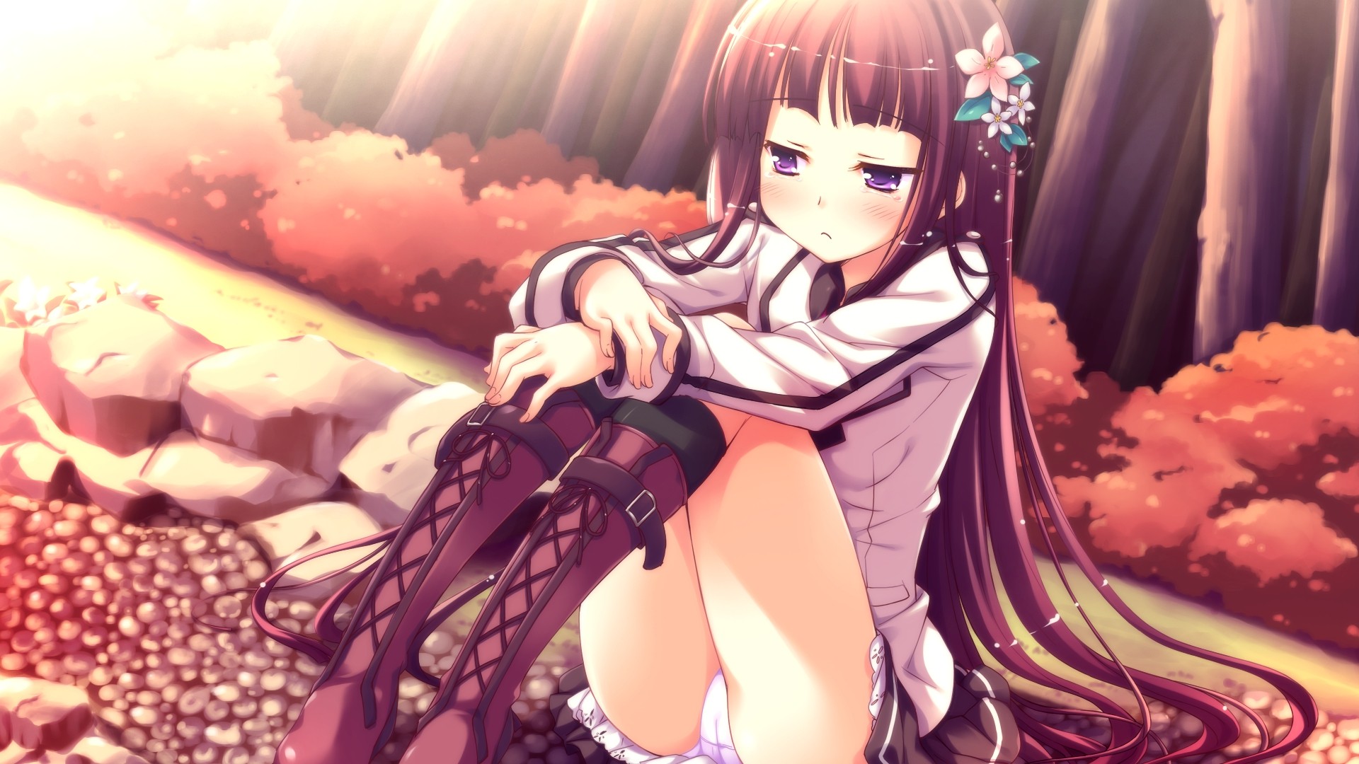 Anime 1920x1080 anime girls anime purple eyes long hair flower in hair panties sitting white panties legs together outdoors