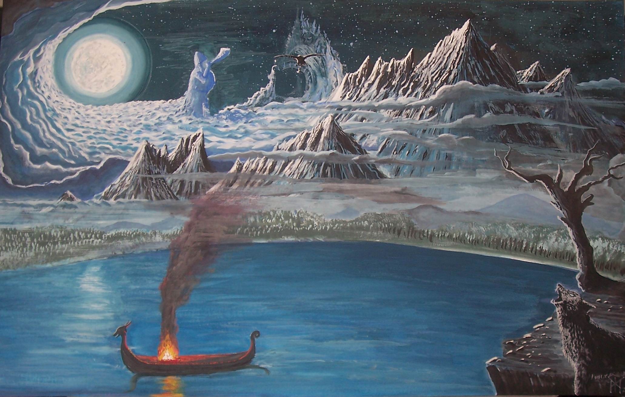 General 2062x1312 painting norse mythology mountains boat fire